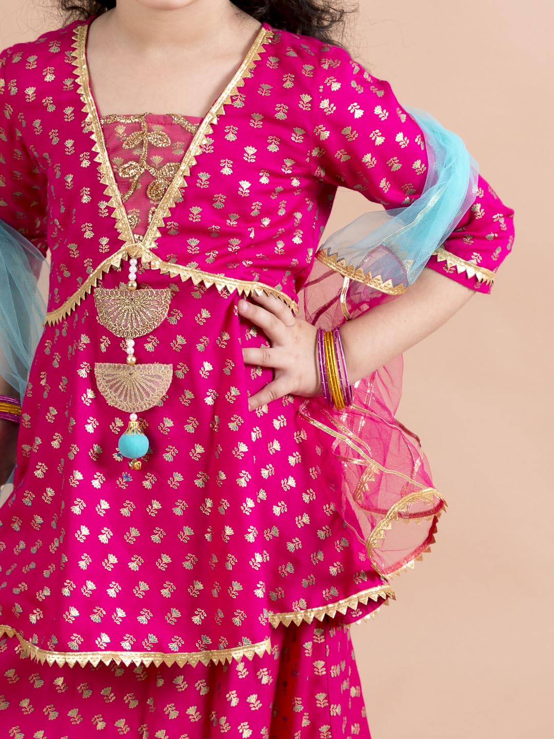 Pspeaches Dziewczęca bluzka Lehenga z nadrukiem w kolorze magenta w kolorze niebieskim (różowa)