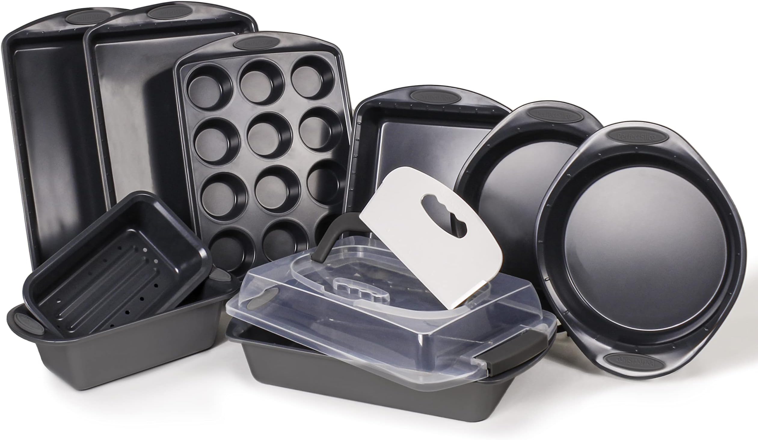 Berghoff11Pc Perfect Slice Bakeware Set, Covered Rectangle Cake Pan, Cookie Sheets, Muffin Pan, Loaf Pan, Round, Square and Rectangle Cake Pans, Slicer, Non Toxic, PTFE & PFOA Free, Grey & Grey