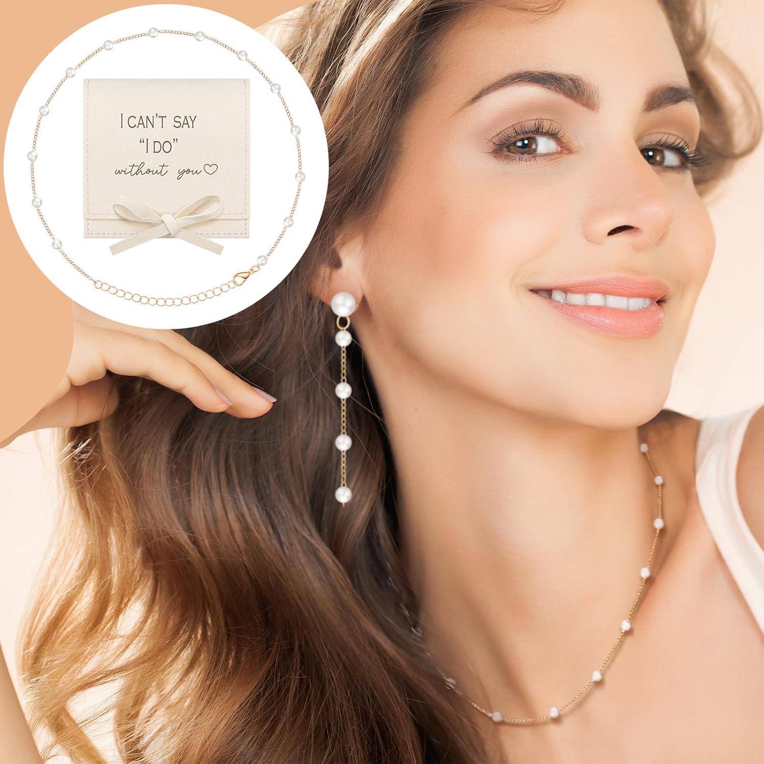 Landical 8 Sets Bridesmaids Pearl Jewelry Set Proposal Gift Bridesmaids Jewelry Pouch with Bow Tie I Can't Say I Do Without You Wedding Bride Shower Gifts(Beige) - Image 7