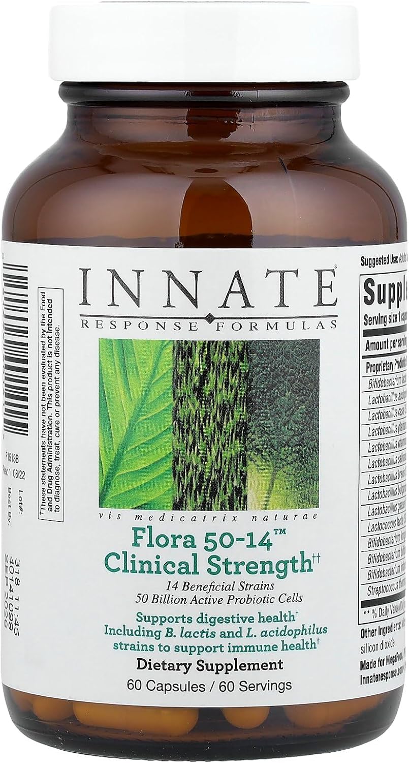 Innate Response Formulas Flora 50-14 Clinical Strength - Probiotic Supplement with 50 Billion CFU - 14 Probiotic Strains - Vegetarian and Non-GMO - Made Without 9 Food Allergens - 60 Capsules