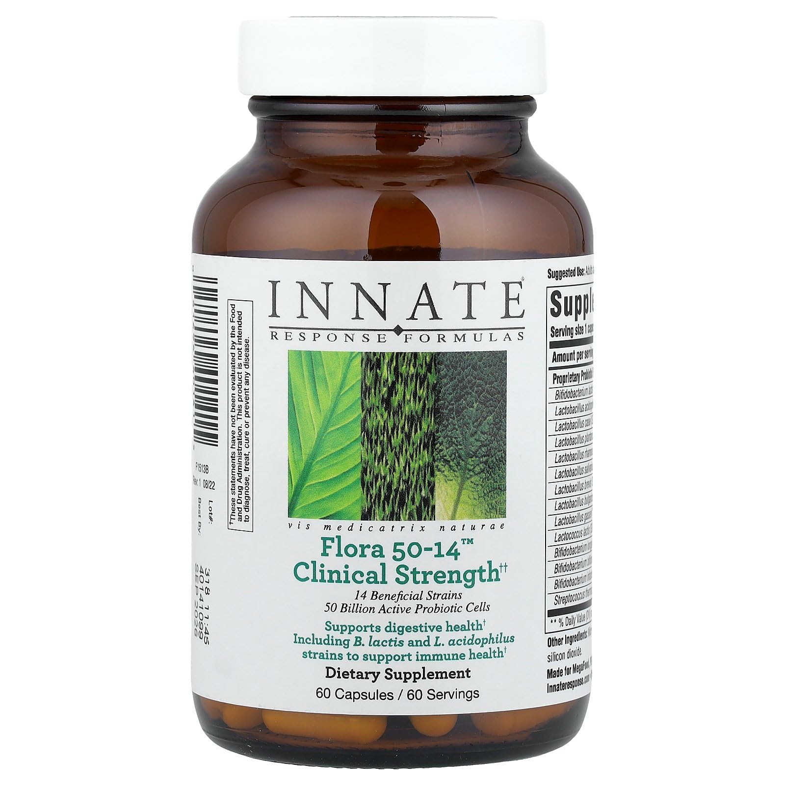 Innate Response Formulas Flora 50-14 Clinical Strength - Probiotic Supplement with 50 Billion CFU - 14 Probiotic Strains - Vegetarian and Non-GMO - Made Without 9 Food Allergens - 60 Capsules