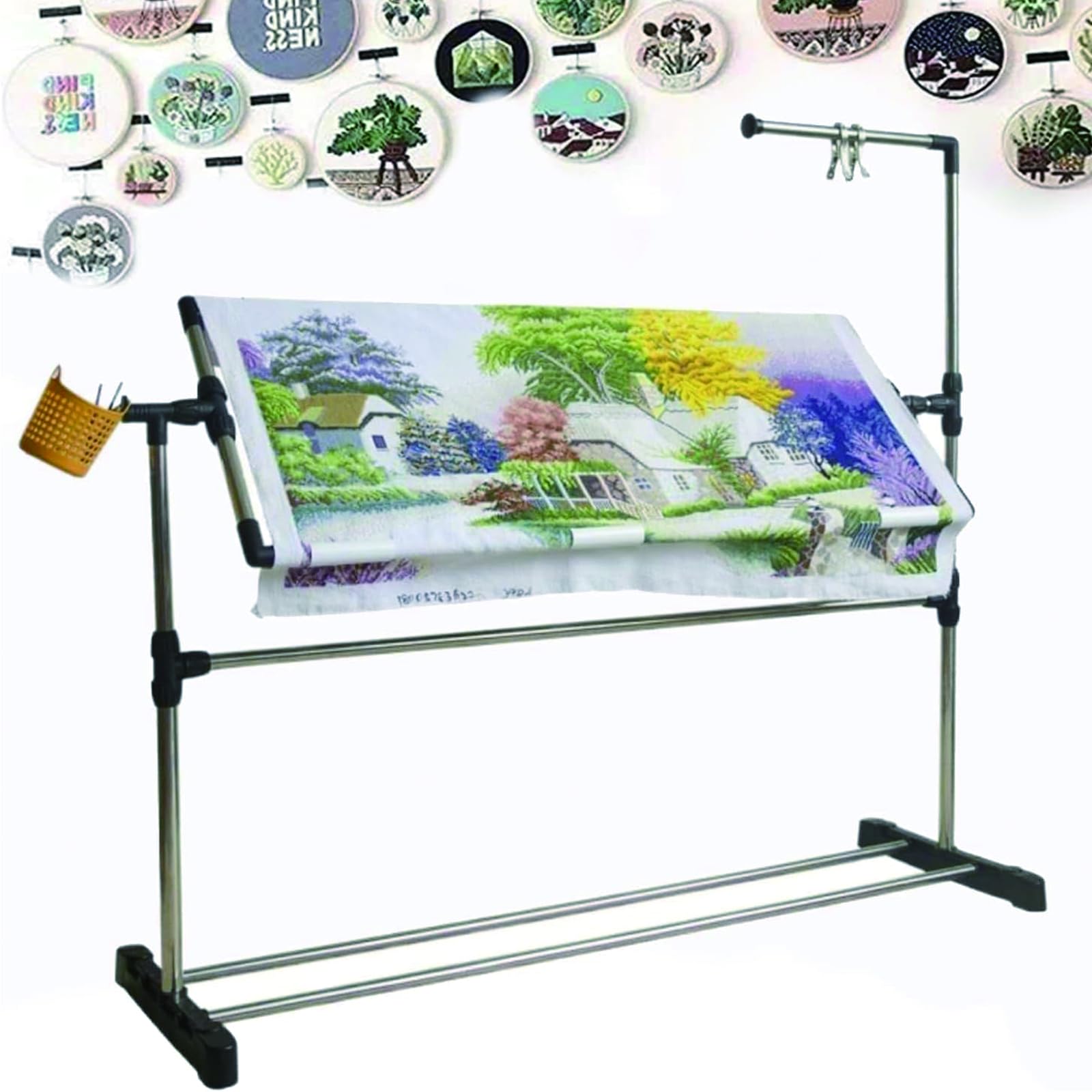 Soporte de suelo ajustable giratorio de 360 grados con base de polea, altura ajustable hasta 100 cm, ideal para punto de cruz y manualidades de costura, fácil de usar