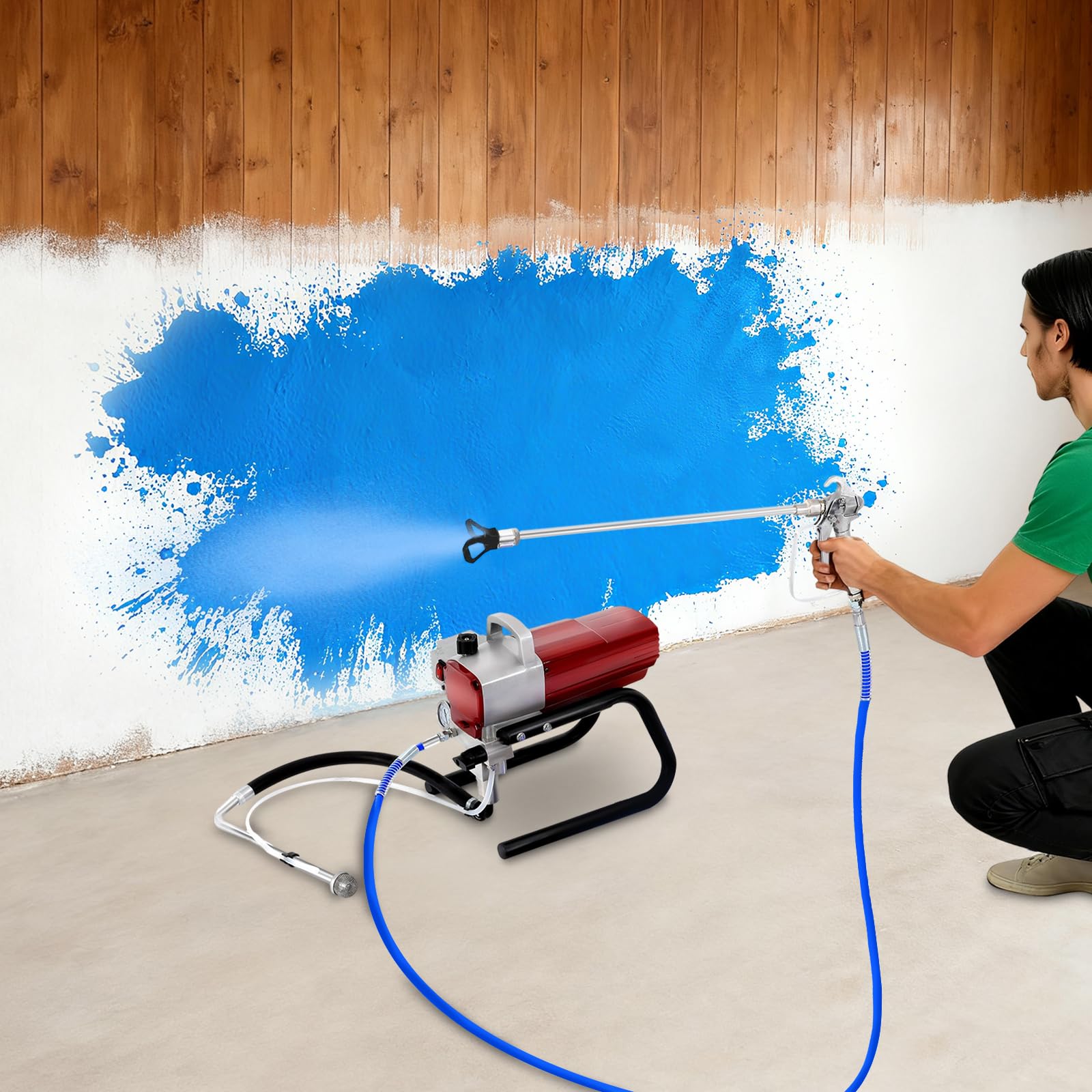 Airless - Pulverizador de pintura (1800 W, sistema de pulverización con manguera de alta presión de 9 m y pistola de pulverización, pulverizador de pintura para fachadas, techos y terrazas, flujo