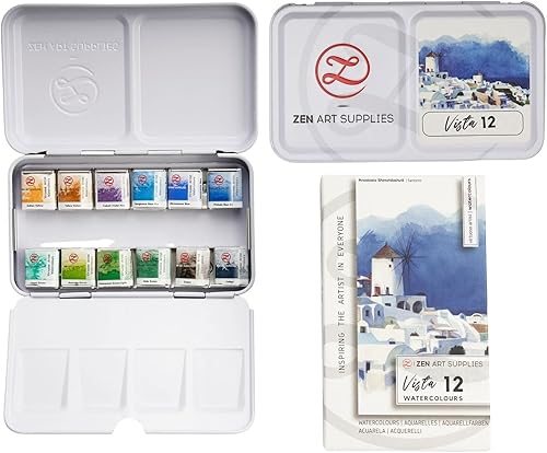 ZenArt Supplies Juego de pintura de acuarela profesional Vista  No tóxico 12 medias bandejas en lata de metal paleta portátil de viaje vibrante