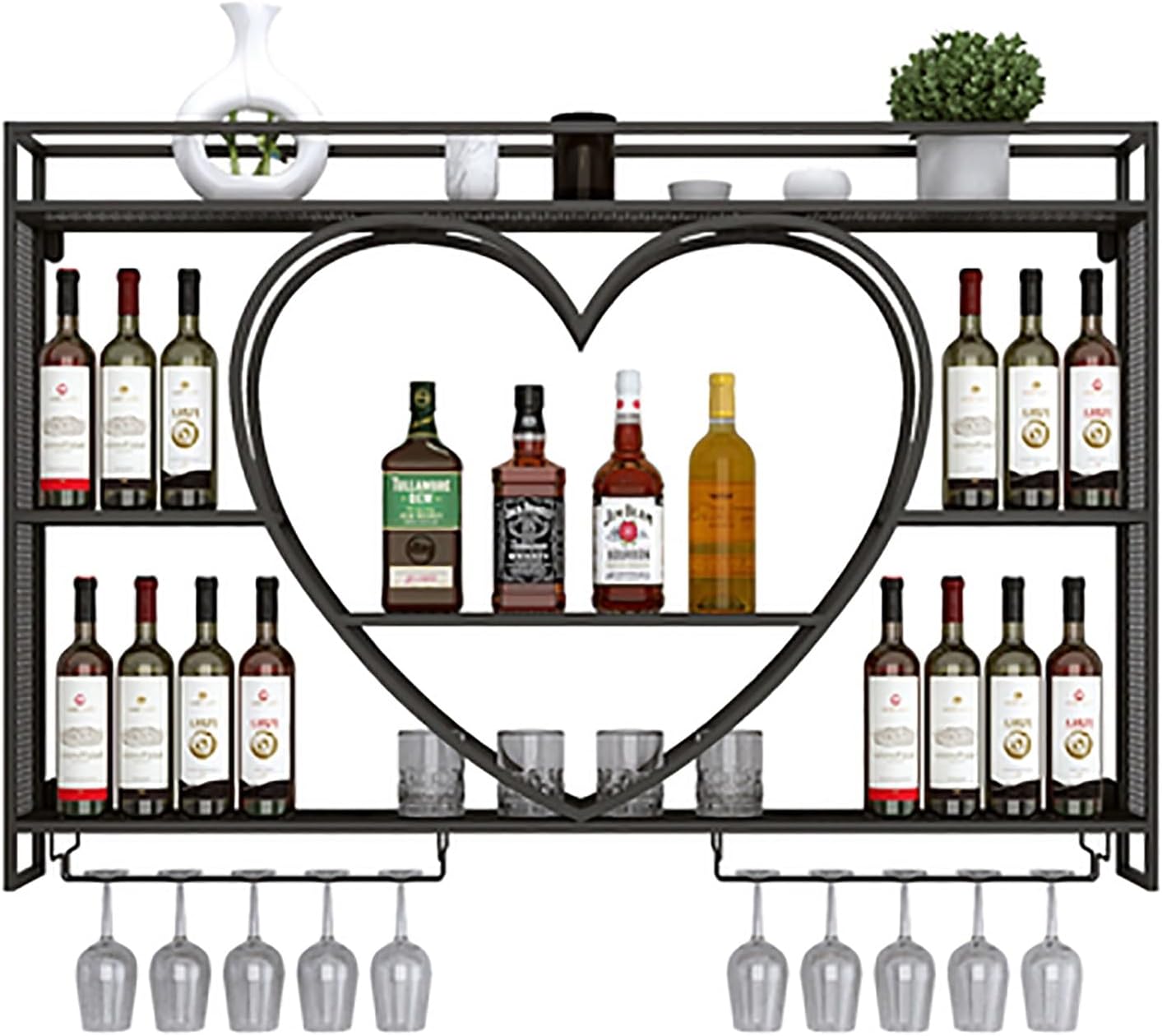 Wall Mounted Wine Rack Floating Bar Unit with Iron Bottle Holder & Champagne Glass Storage Multifunctional Shelves for Liquor Bottles & Home Kitchen Decor