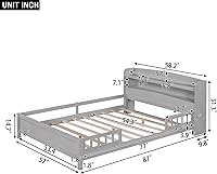 Vista 2 de Modern Full Size Platform Bed Storage Headboard and Safety Guardrail for Kids, Function Wood Platform Bed Frame with Built-in LED Light for Boy