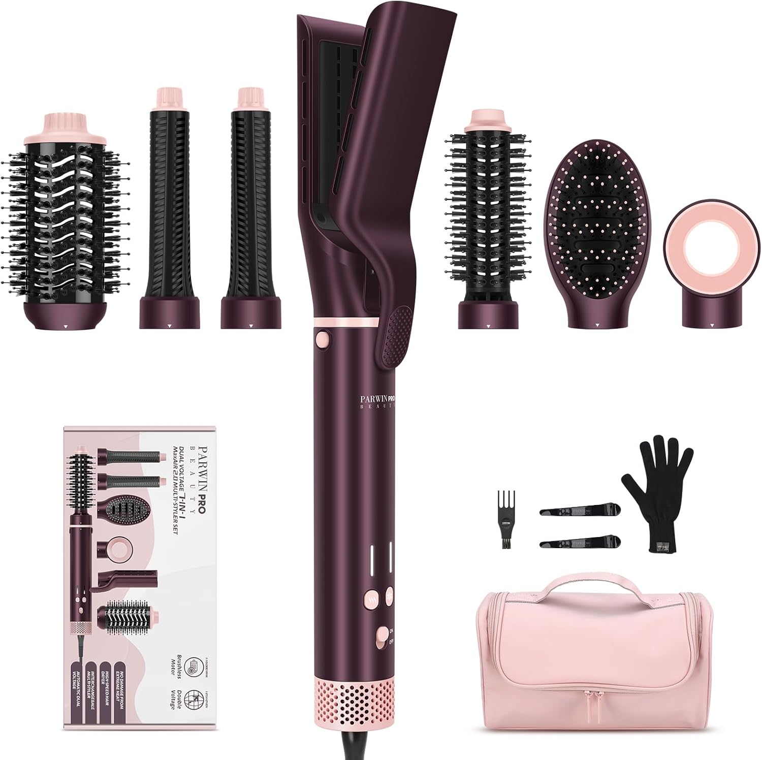 7-in-1 Hot Air Styler, PARWIN PRO BEAUTY Travel Dual Voltage MaxAIR 2.0 Multi-Styler Set, 110,000RPM High Speed Hair Dryer Brush with Air Hair Straightener, 1.1 Inch Auto-Wrap Curlers, Jasper Plum