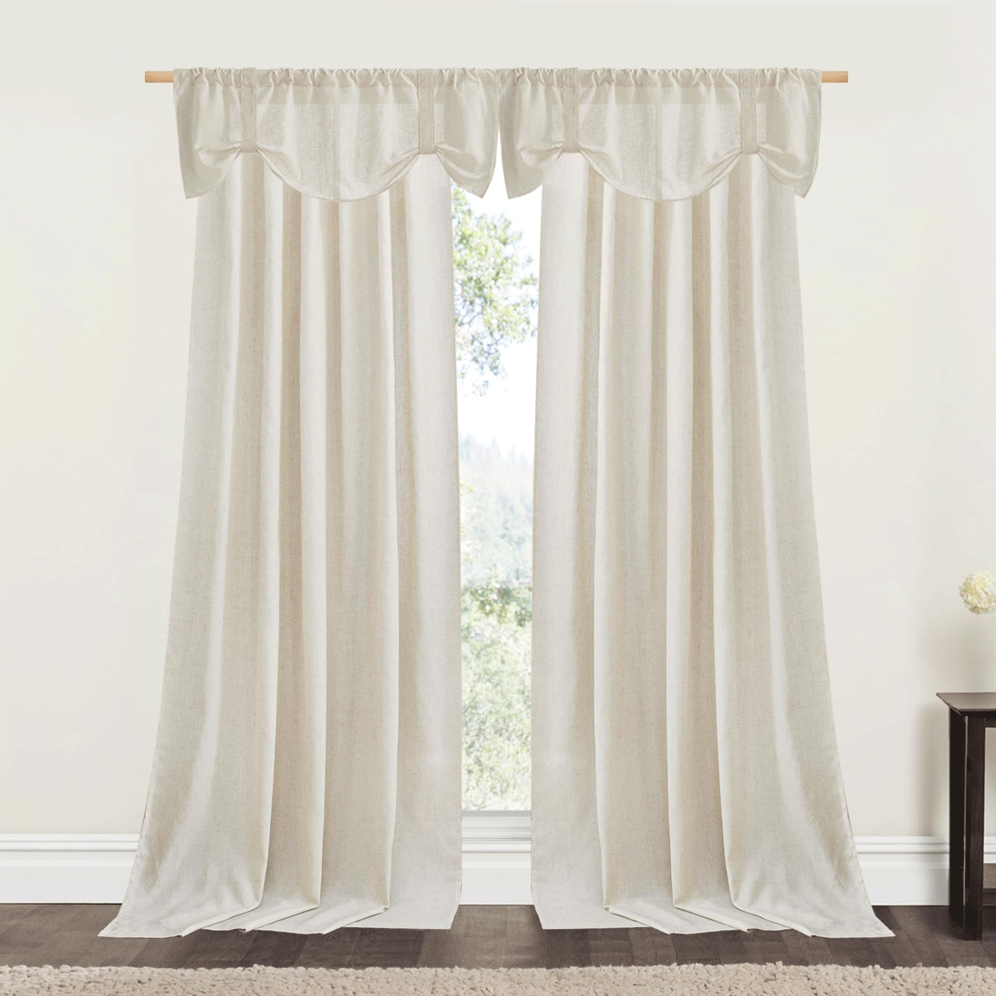 NICETOWN 2 Panels Rod Pocet & Back Tab 55" x 95" Linen Curtains with 4 Adjustable 52" x 18" Linen Kitchen Valances, Natural