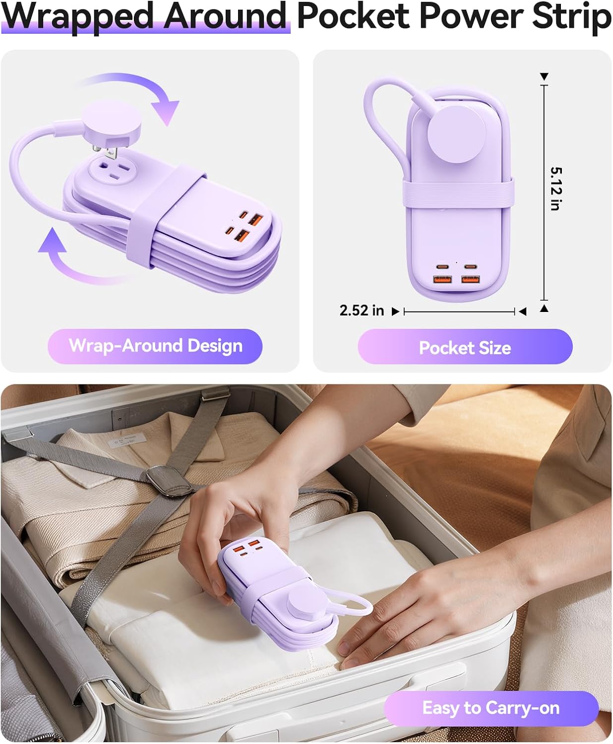 ORICO 100W Fast Charger Station for Laptop, 6 in 1 Multiple Outlets Power Strip(2 AC Outlets, 2 USB-A, 2 USB-C Ports), 5ft Wrapped Flat Plug, Compact Extension Cord for Travel/Office-PP100