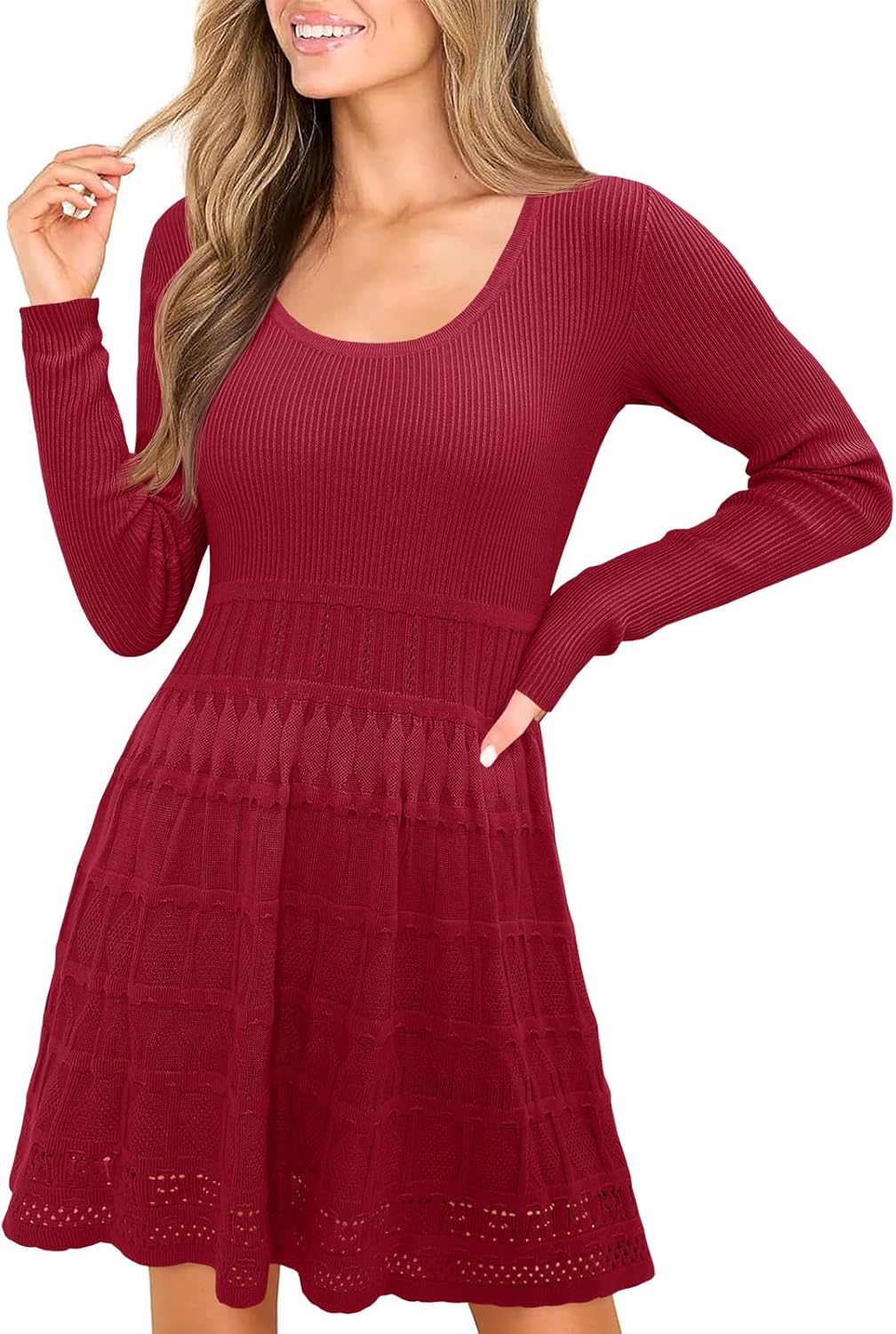 Wenrine Womens Long Sleeve Sweater Dress Knit Crochet Casual A Line Flowy Skater Mini Dresses