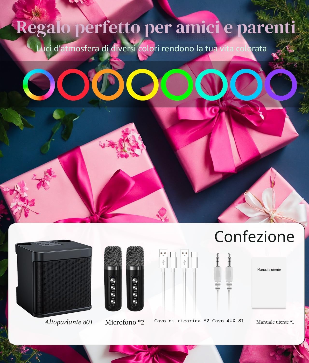Karaoke con microfono,Karaoke professionale completo, Bluetooth cassa con microfono, karaoke per tv, karaoke portatile Wireless, Ricaricabile, Luce LED, Prima scelta per i regali