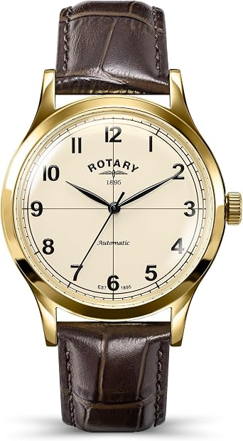 Rotary Men's 1895 Automatic Gold Plated Stainless Steel Brown Leather Strap Watch