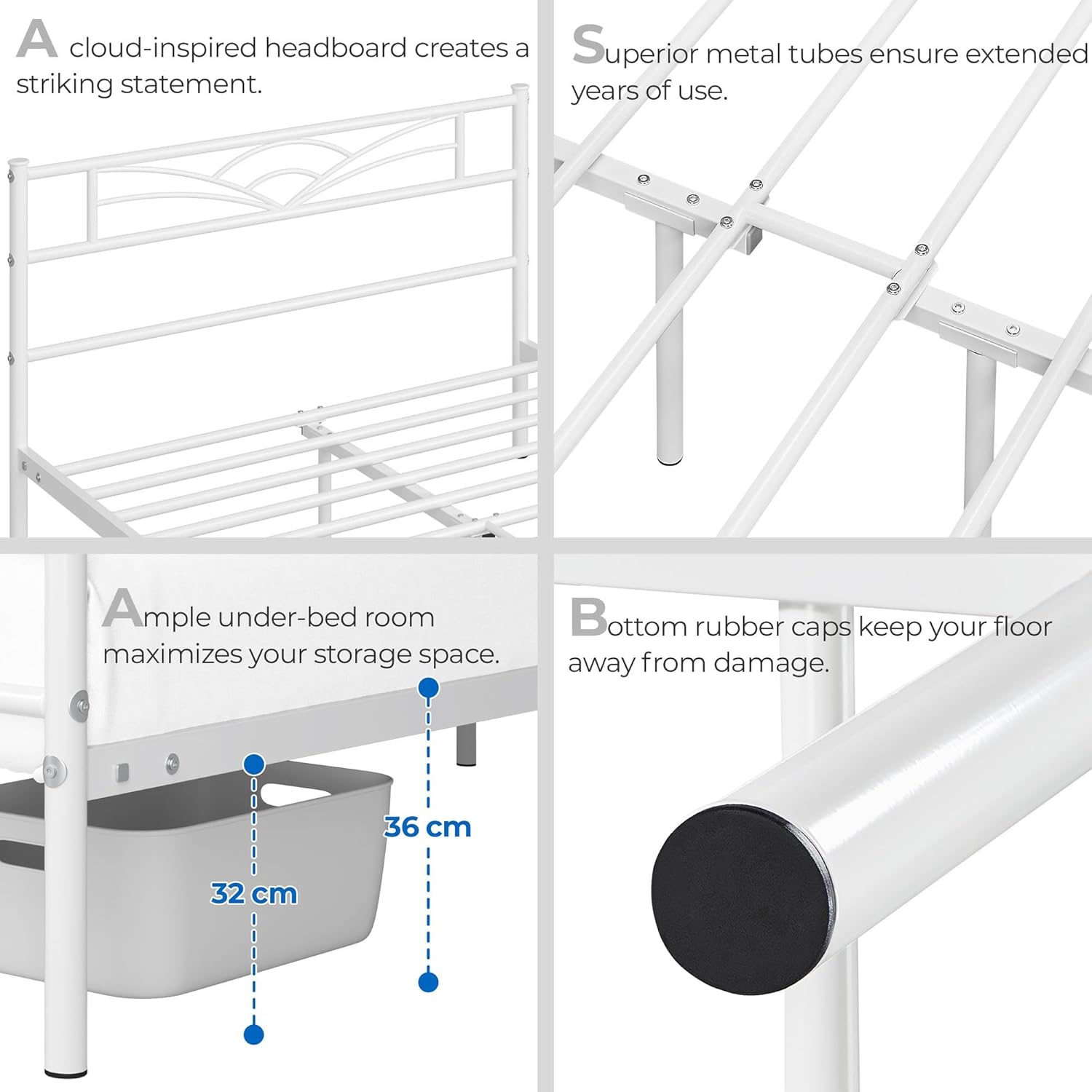 Features of the bed frame including protective foot pads