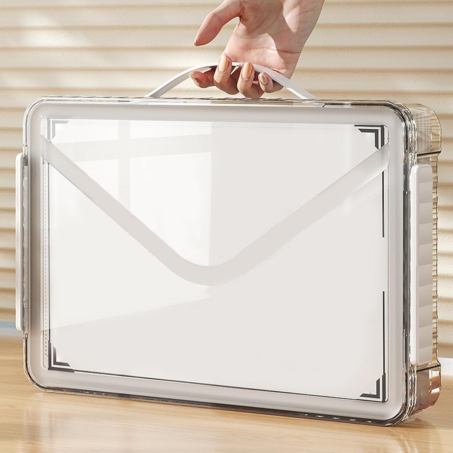 VANRA Clear File Storage Box with Latching Lids Stackable Project Case Organizer Plastic Stacking File System Office Magazine Storage Bin School Supplies Container Portable with Handle (1 White, L)