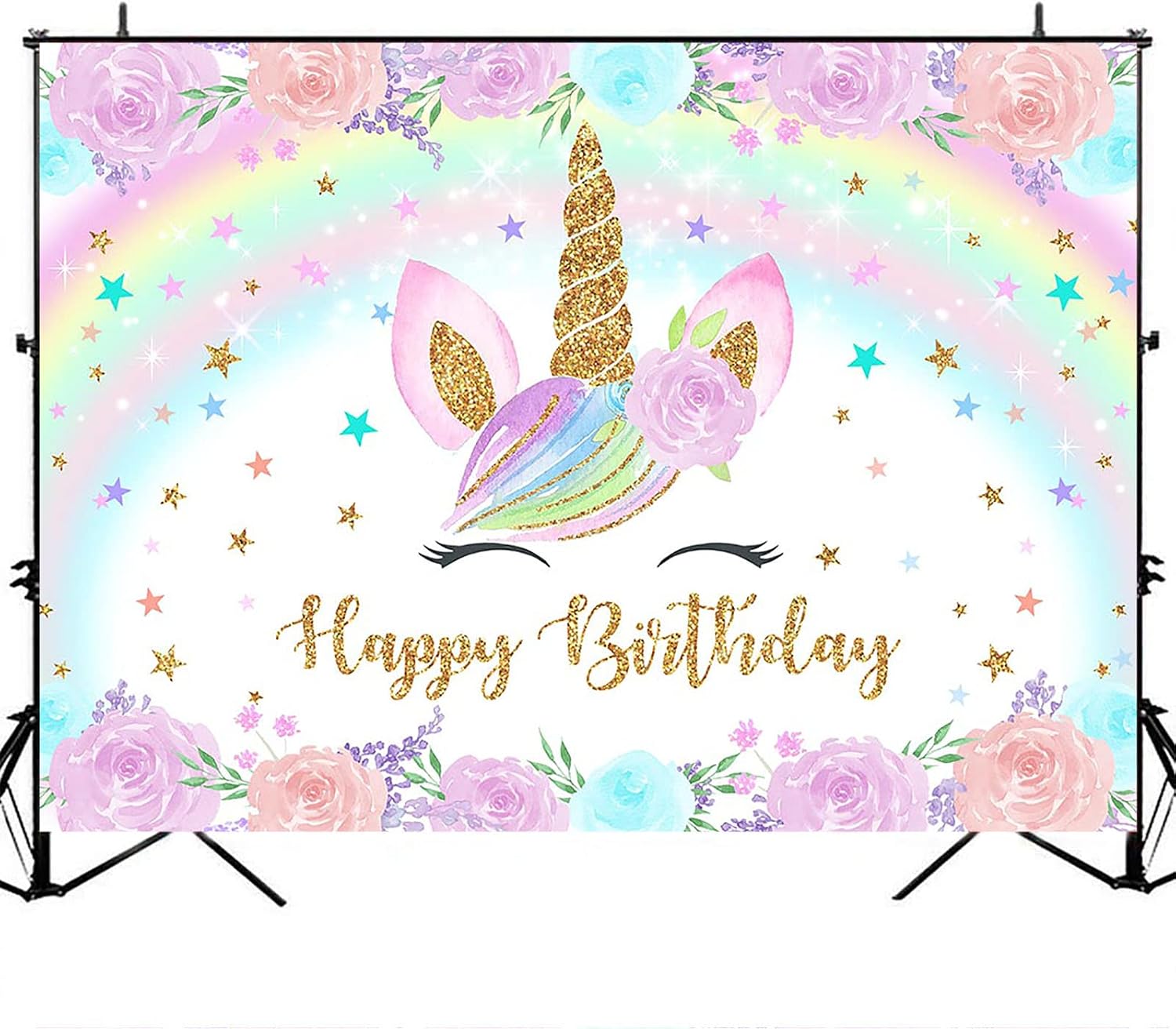 Avezano Unicorn Birthday Backdrop Glitter Pastel Rainbow Floral Unicorn Birthday Background Purple Pink Flowers Unicorn Stars Birthday Backdrops Decorations (7x5)