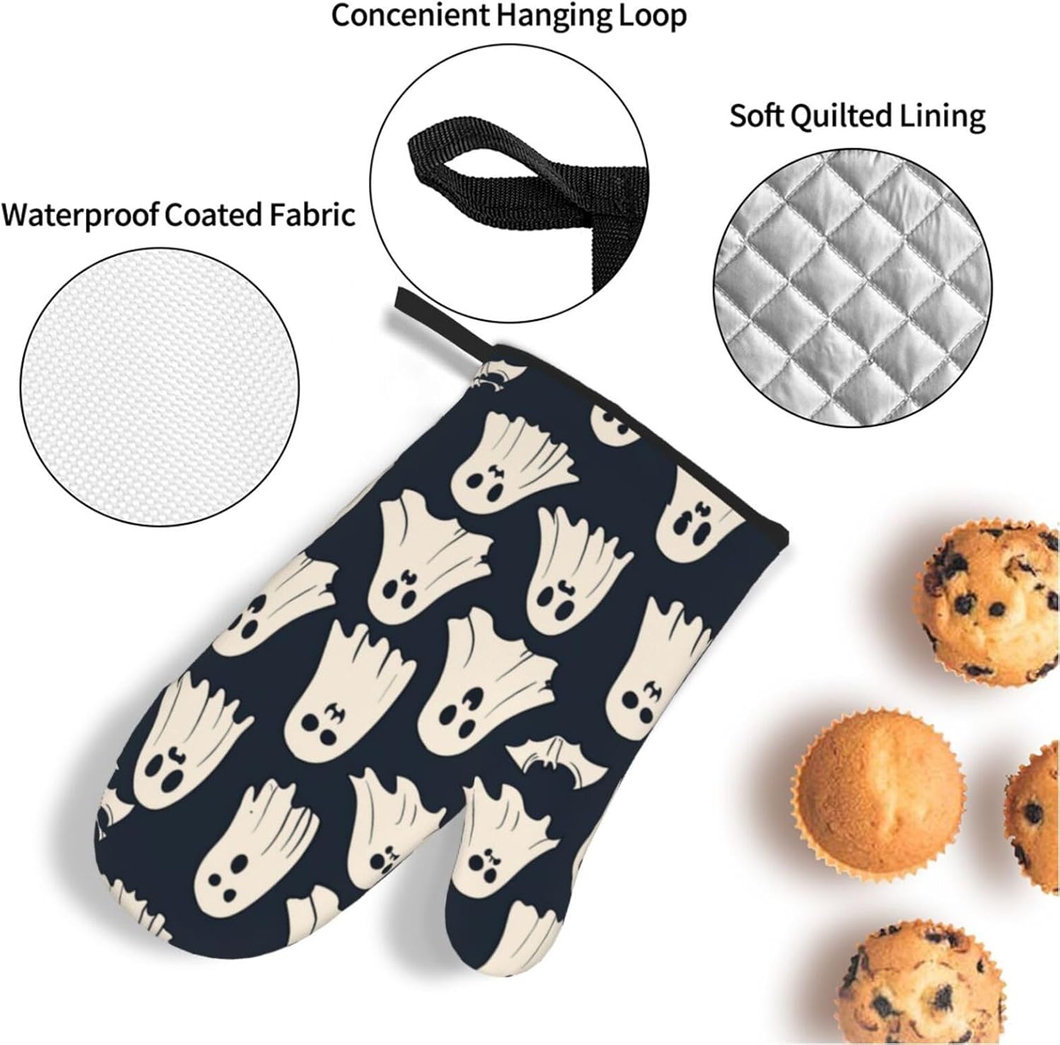 Oven Mitts and Pot Holders 4 Pcs Set, Spooky Ghosts Bats Halloween Holiday Heat Resistant BBQ Gloves Potholders Extra Thicken Long Kitchen Oven Glove for Cooking Baking Grilling