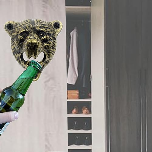 Miniatura 4 de Luwanburg Abridor de botellas de cerveza de hierro fundido con cabeza de oso negro para colgar en la pared, dientes Grizzly para decoración de