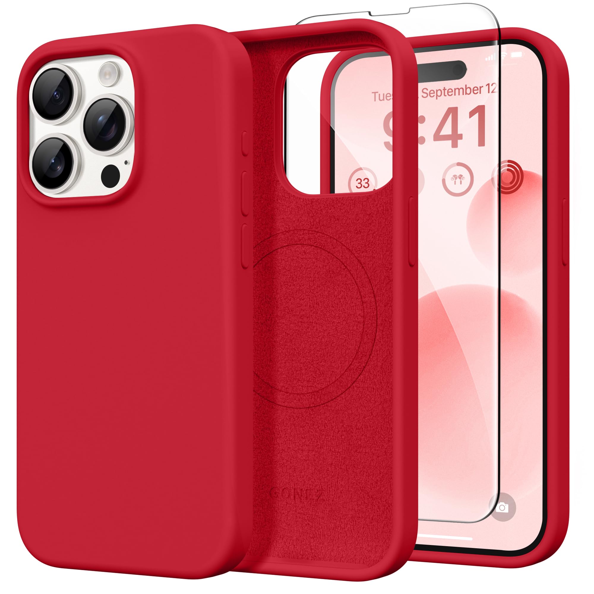 GONEZ Magnetic for iPhone 15 Pro Case, Silicone Cover Red