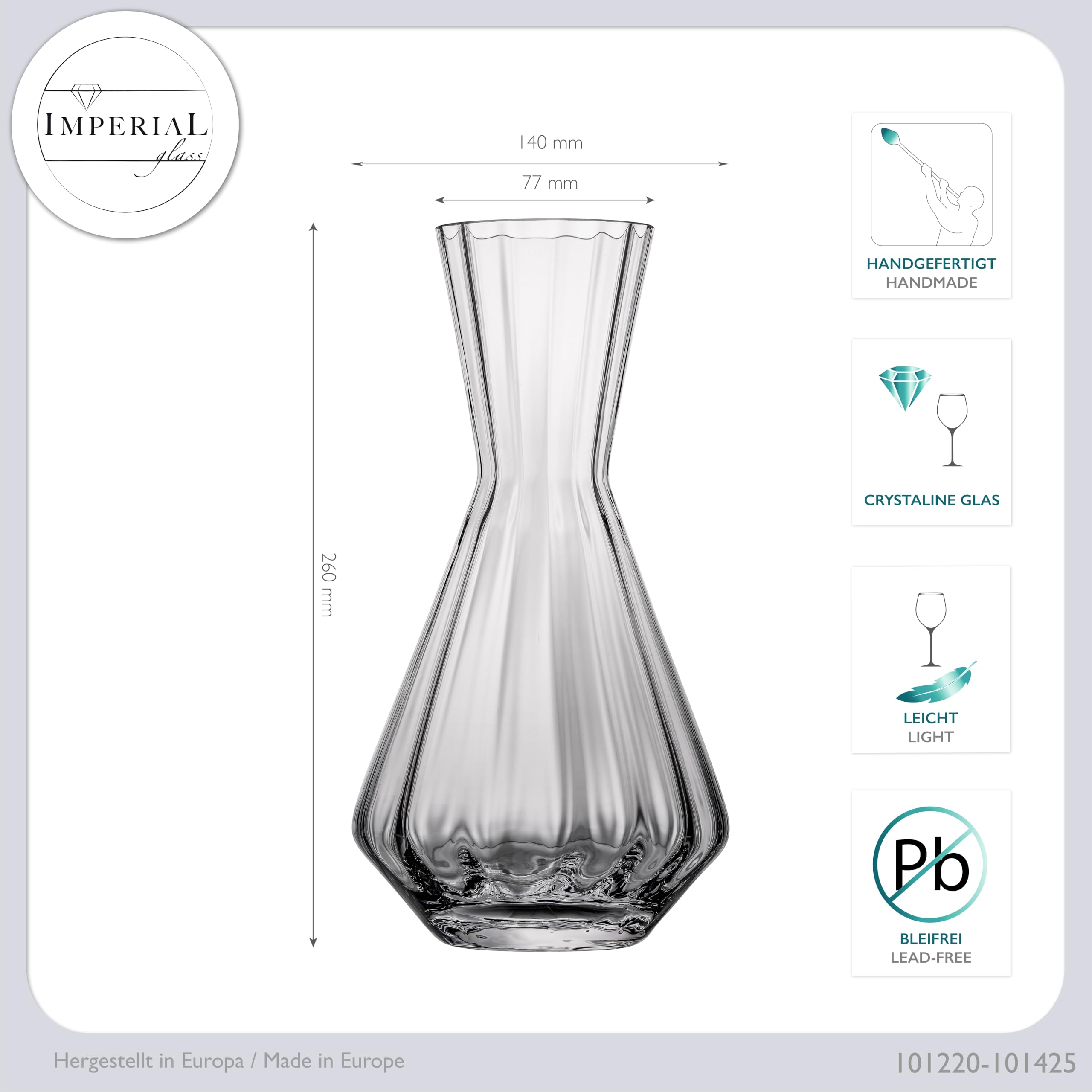 Lot de 2 carafes à vin 1200ml – Carafe en verre cristallin artisanale avec aspect ondulé – Carafe à vin rouge série "Cali/London"