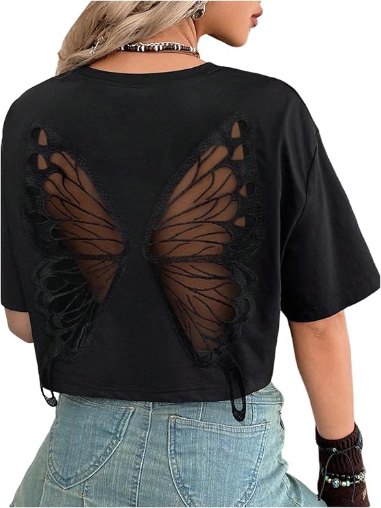 Verdusa Women's Gothic Butterfly Tops Y2K Witchy Tees Alternative Clothes