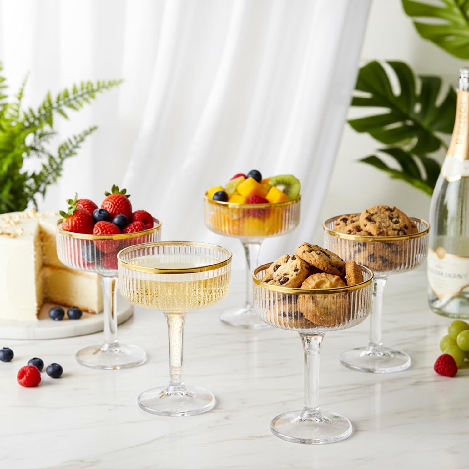 Set of 55 Champagne Tower 7 oz Plastic Champagne Coupe Glasses Set Stackable Plastic Ribbed Martini Glasses Unbreakable Acrylic Cocktail Coupe Cups for Wedding Birthday (Glitter,Gold) - Image 8