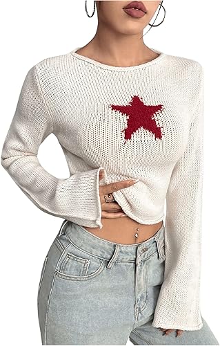 SHENHE Women's Star Print Sweater Pullover Lightweight Fashion Y2k Knit Crop Top