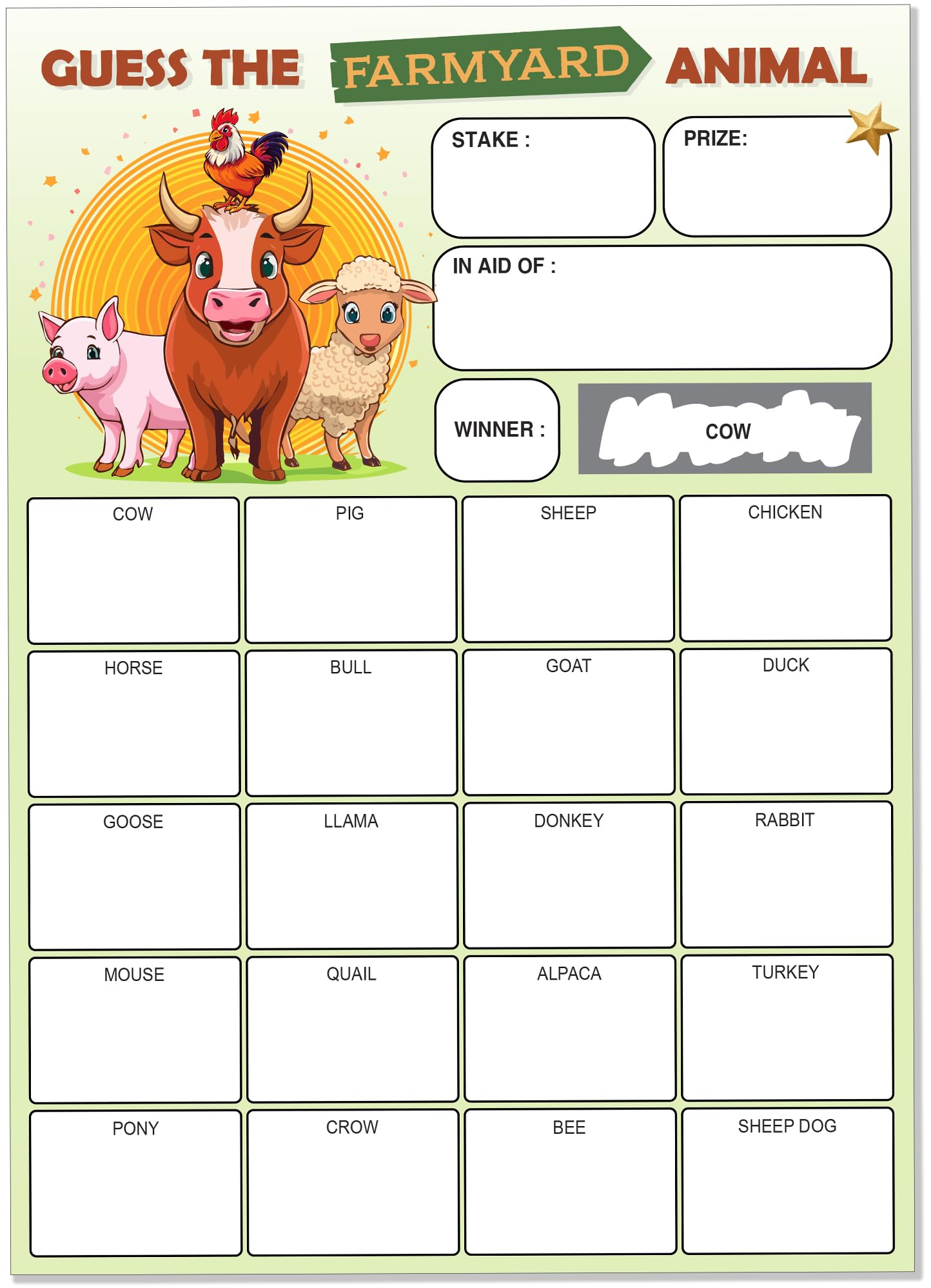 Pack of 10 Farmyard Animal Fundraiser Cards - A5 Size - 20 Squares and Scratch Off Winner for Fundraising