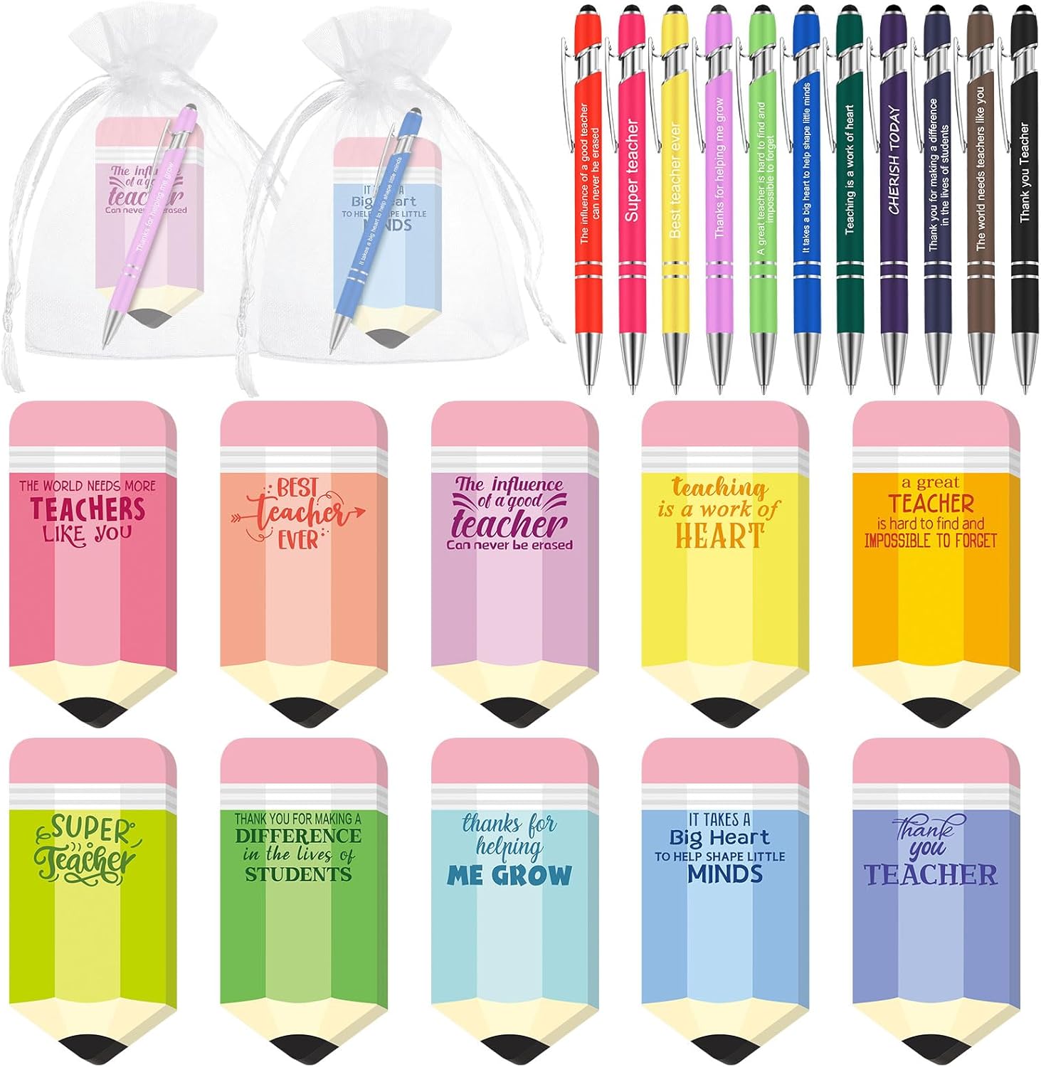 Kosiz 30 Set/90 Pcs Teacher Appreciation Gifts Bulk Pencil Shaped Notepad Sticky Note with Pen Organza Bag End of Year Teacher Gifts from Student Thank You Present for Office School Classroom Supplies