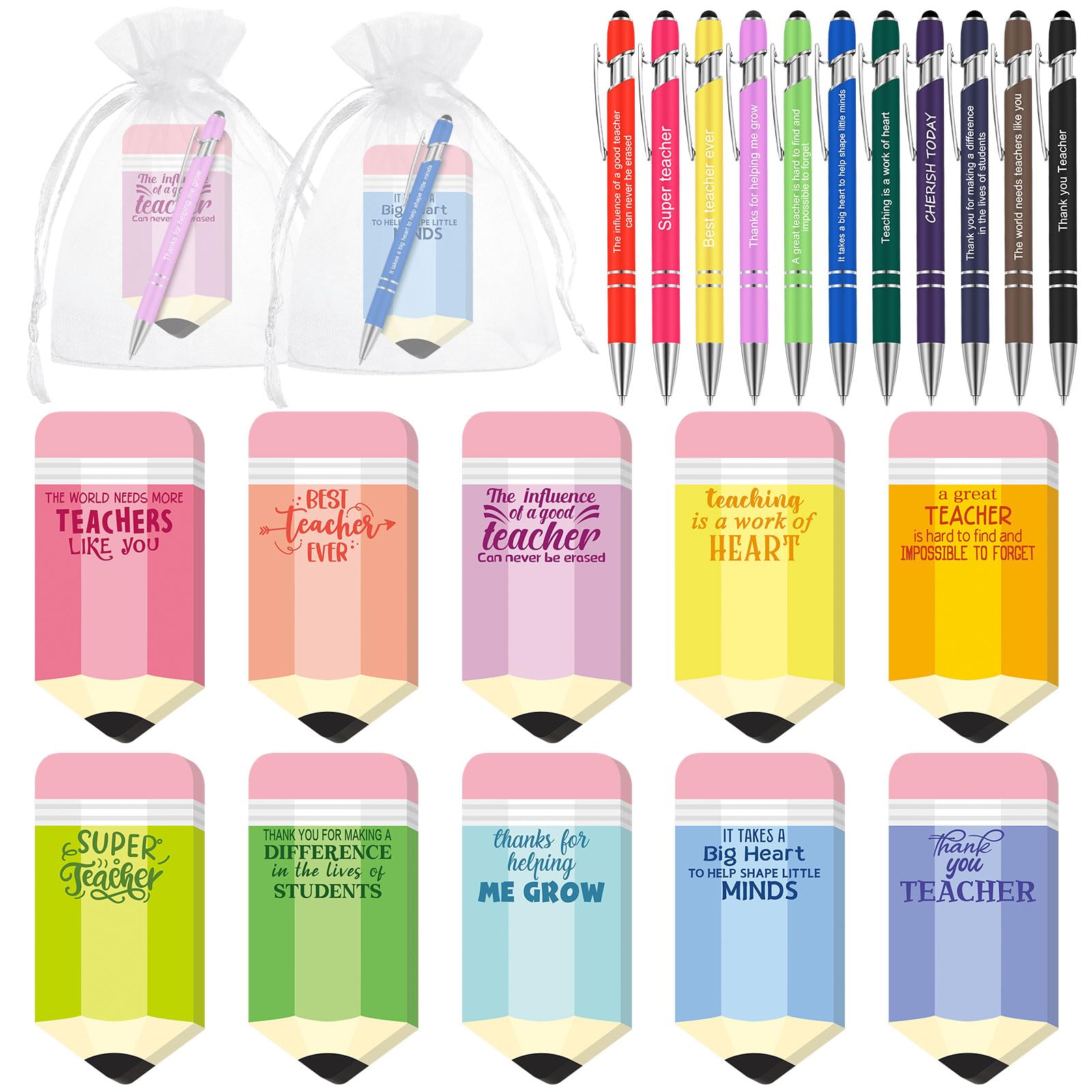 Kosiz 30 Set/90 Pcs Teacher Appreciation Gifts Bulk Pencil Shaped Notepad Sticky Note with Pen Organza Bag End of Year Teacher Gifts from Student