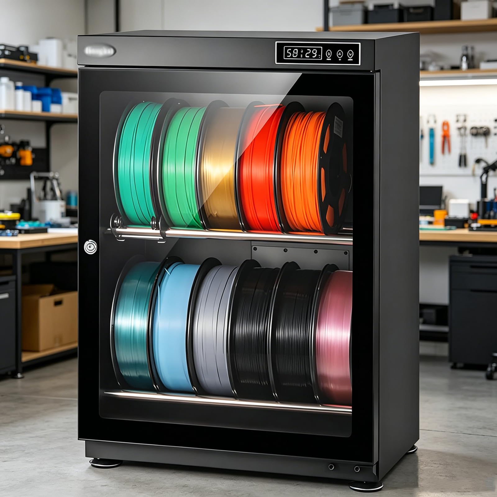 LJCSSD 3D Filament Dryer Box,3D Printer Filament Storage Box Dehydrator,with Humidity Control (20%-25% RH),Transparent Glass & Aluminum Alloy,Noiseless & Stackable Design for PLA/ABS/PETG 70L