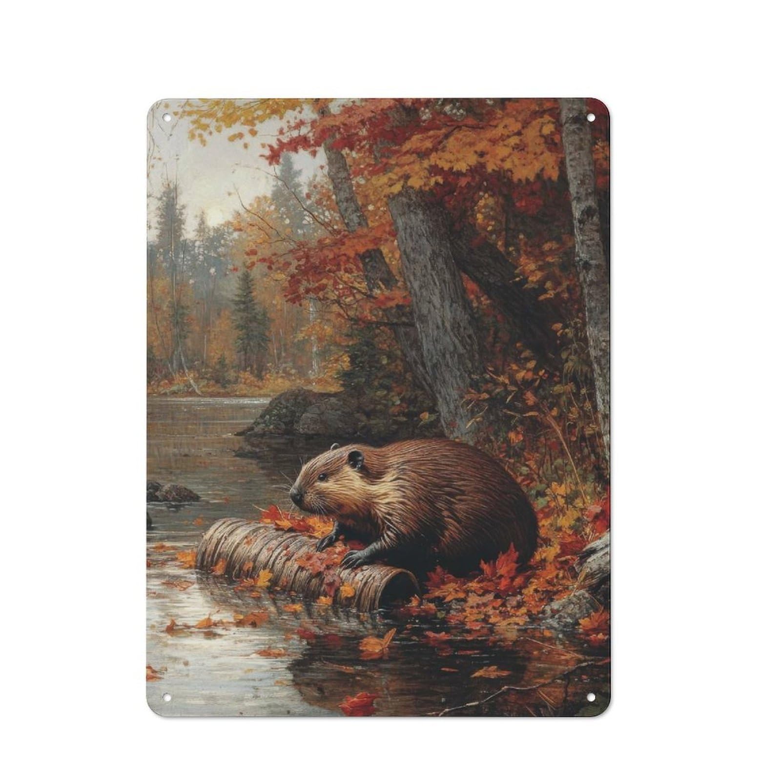 Junmoney Beaver In Autumn Forest Metal Sign 40X30cm With For Pub Or Café, Vintage Decor, For Metal Sign Collectors, For Garage And Workshop Walls