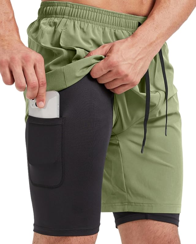 Mens 2-in-1 Athletic Running Shorts 7 Dry Fit Workout Gym Outdoor Sports Wear with Multiple Pockets Training Short