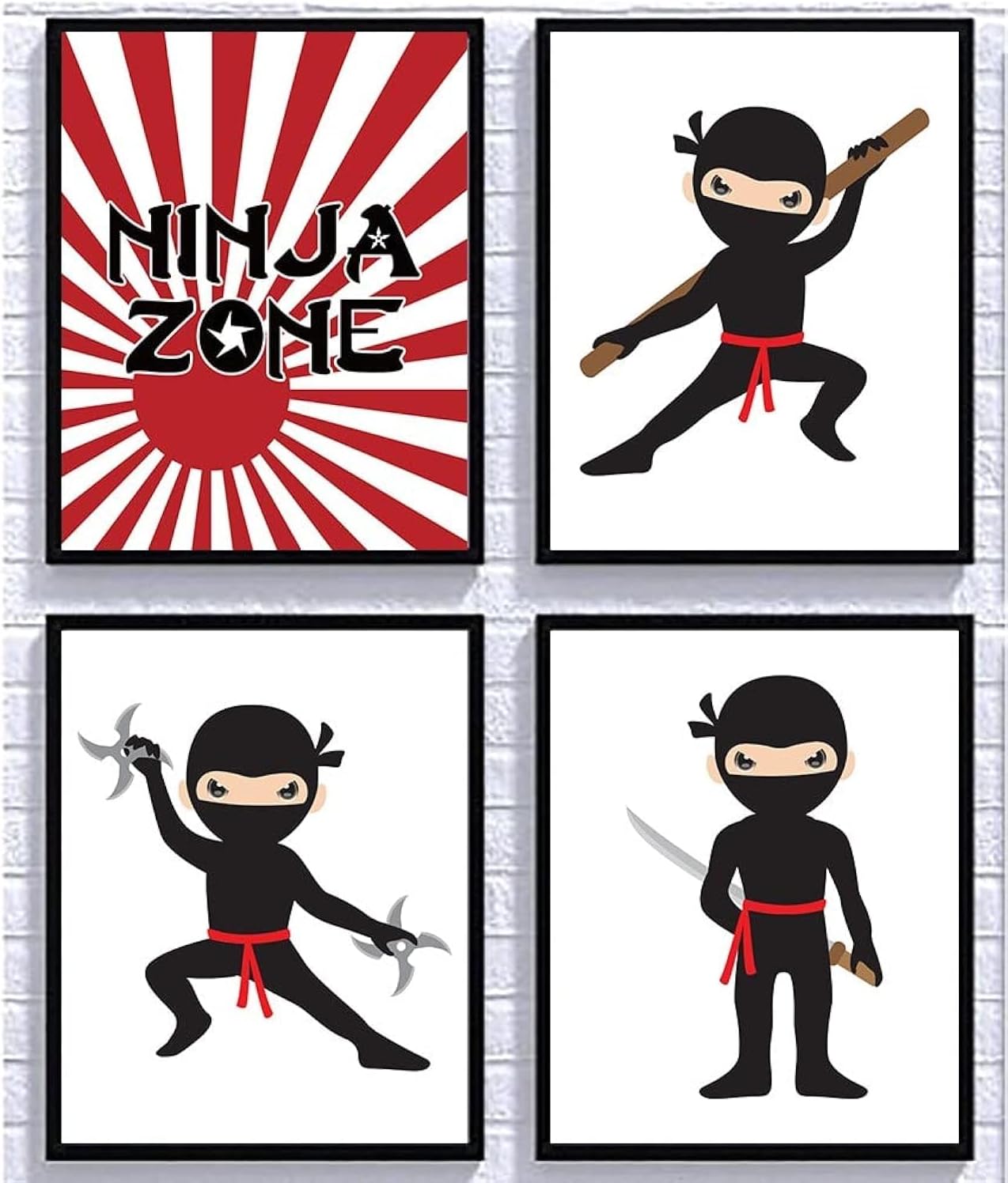 Ninja Zone Star Red White Black Wall Art Decor (Set of Four) Room Decoration
