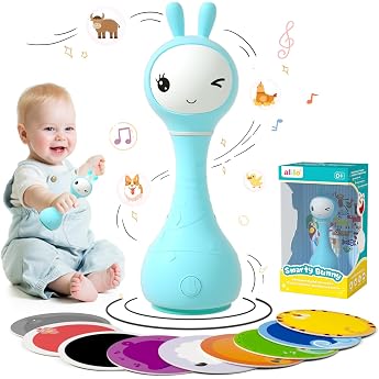 alilo Smarty Bunny Baby Rattles, Montessori Toy from 0 3 6 12 18 24 Months, Musical Baby Toy with Colour Recognition, 66 Natu