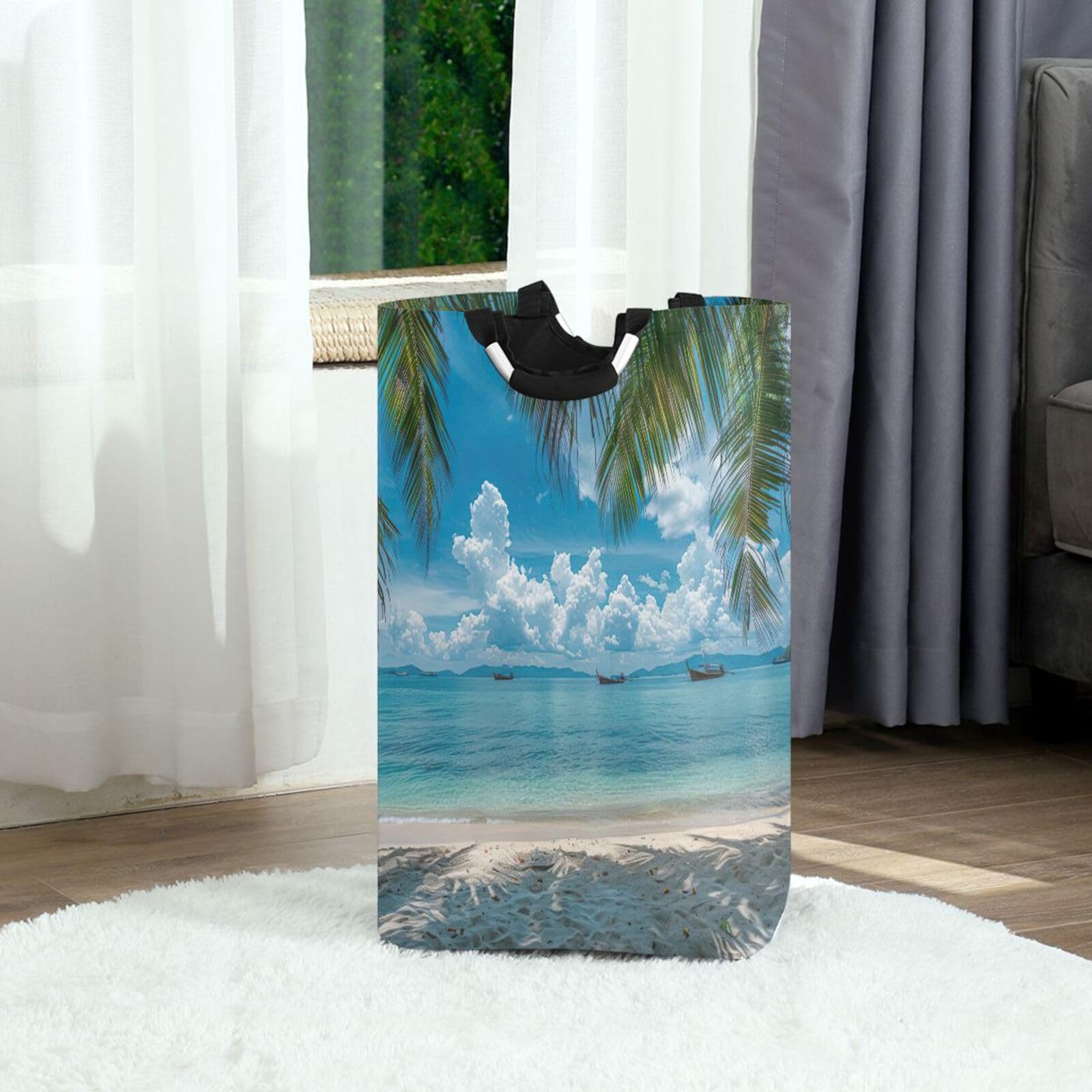 Jihqo Laundry Hamper Basket Clear Summer Beach Collapsible Nursery Storage Bin Waterproof Clothing Baskets for Home Bedroom Bathroom Washing Room