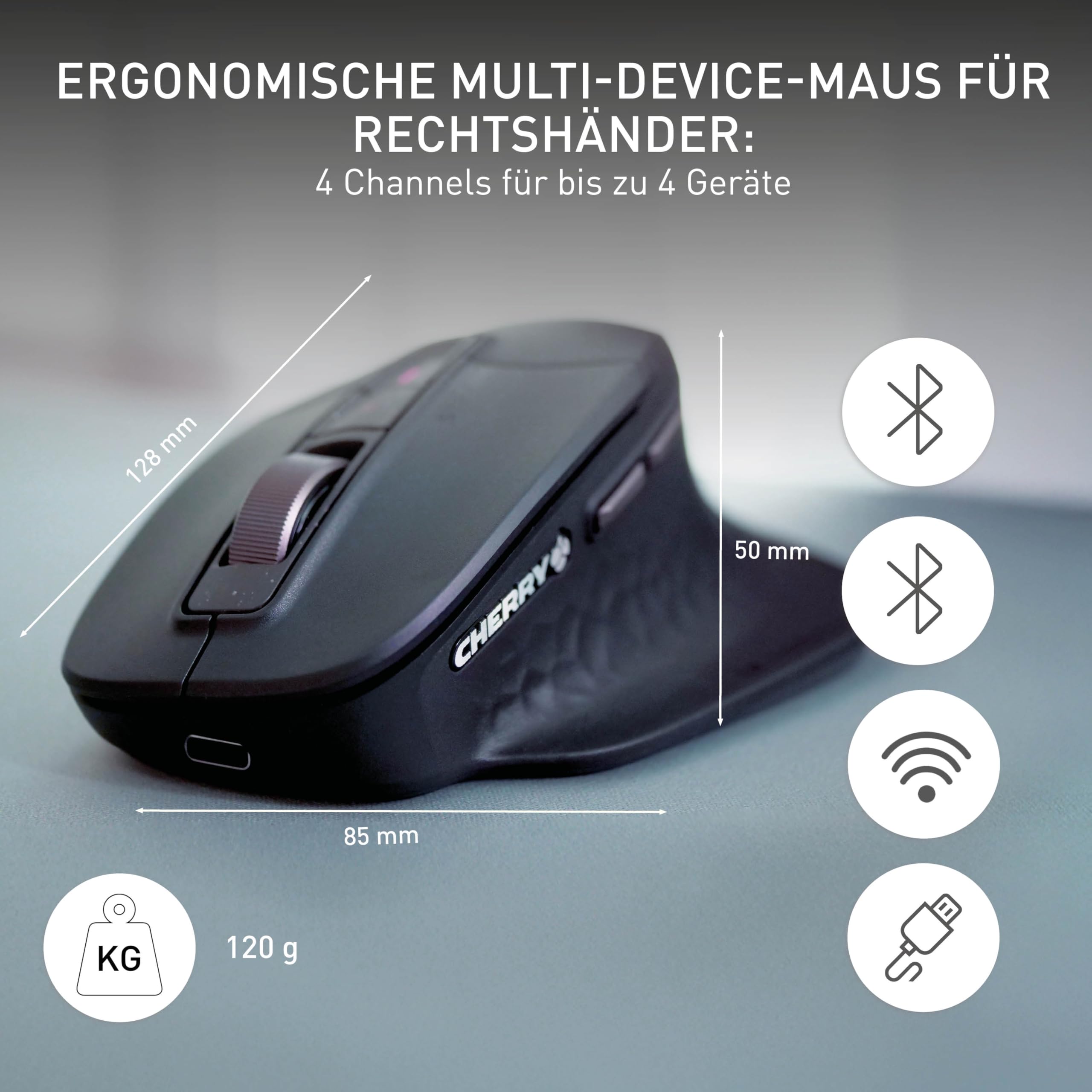 CHERRY Stream Mouse Ultimate, Kabellose Ergonomische Maus, Schwarz | Rechtshändermaus, Multi-Device-Funktion für 4 Geräte, Bluetooth, 2,4 GHz & Kabel, Anpassbares Scrollrad, Wiederaufladbar