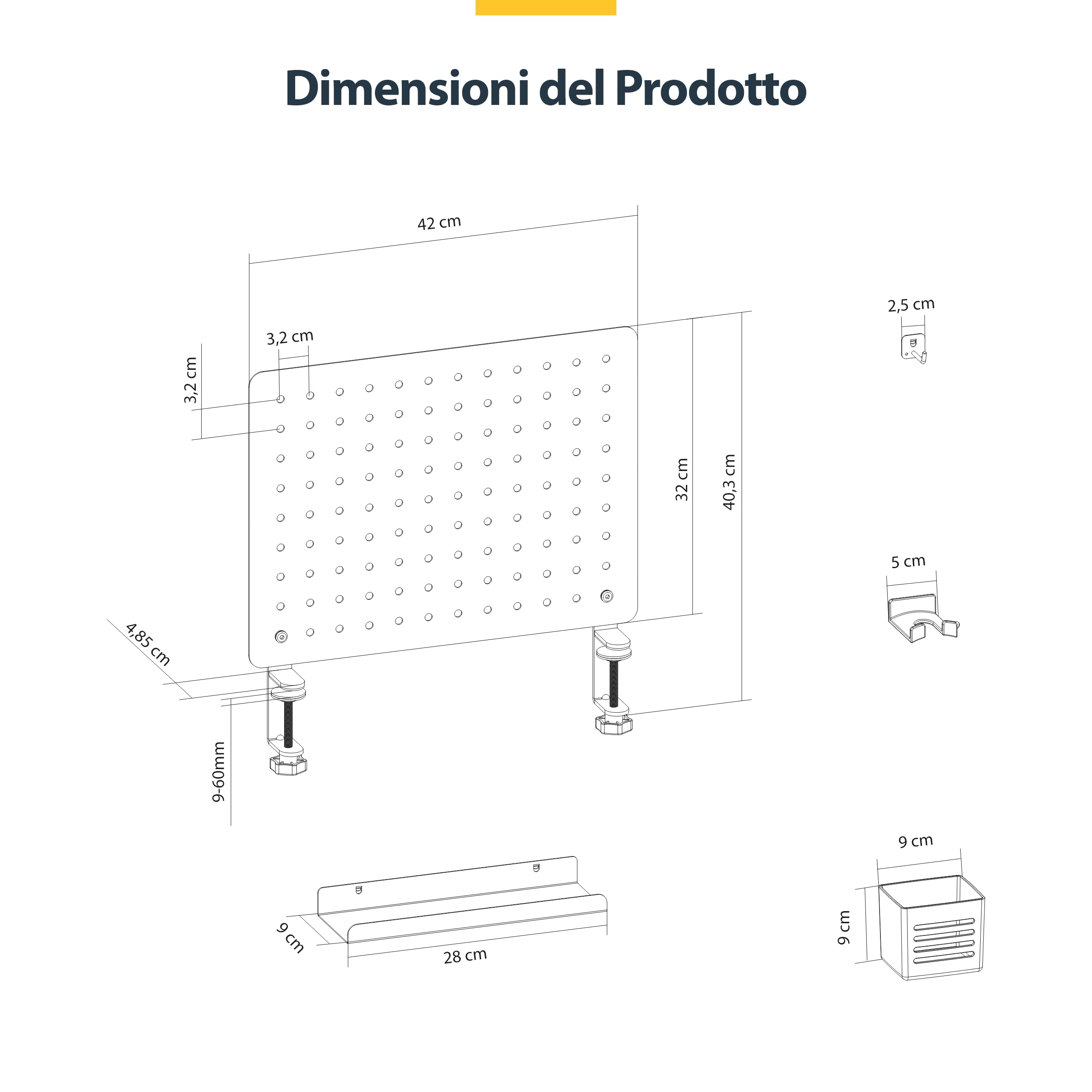 StarTech.com Pannello forato portautensili da scrivania con accessori, pannello porta oggetti in acciaio 42x32cm con morsetto, nero