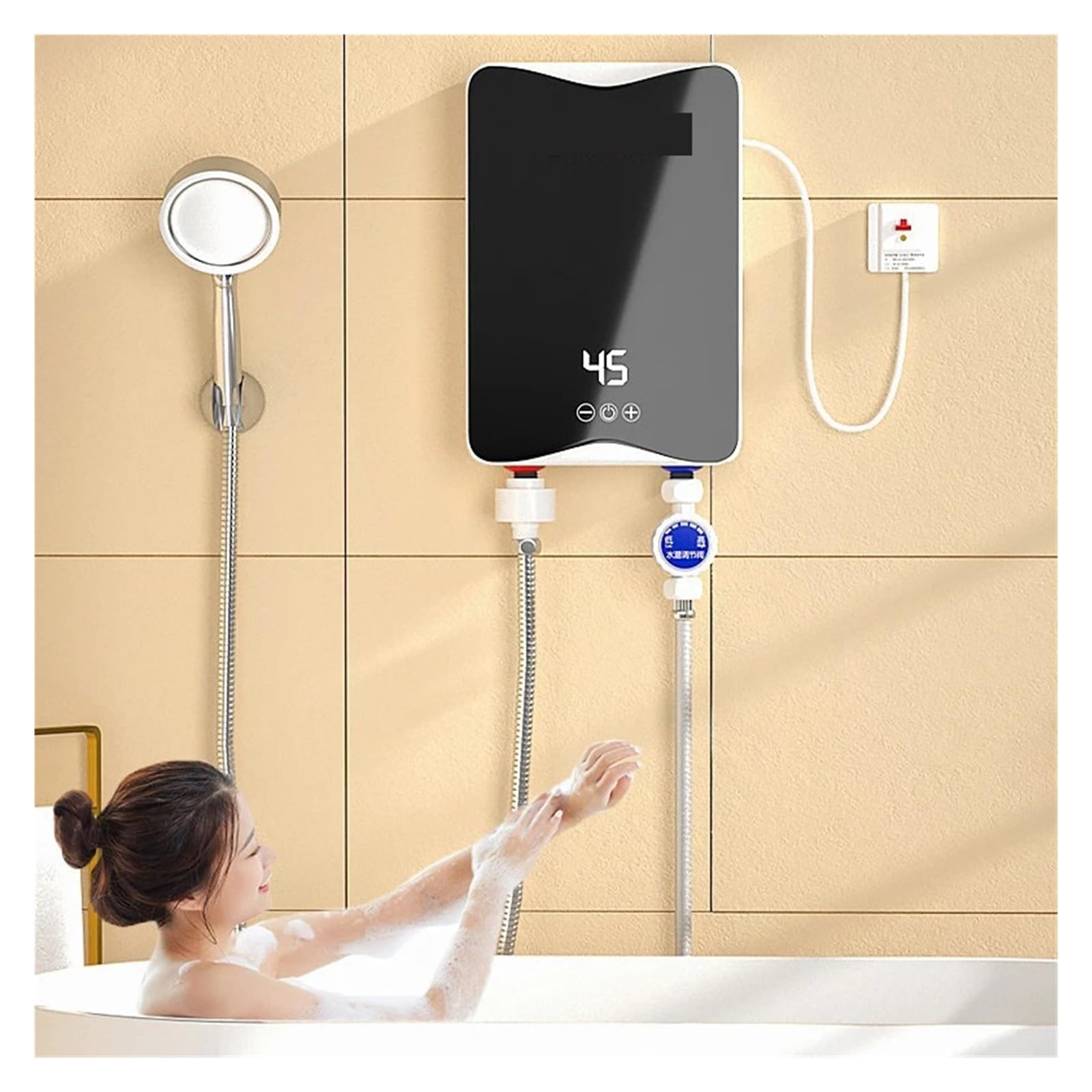 Scaldabagno Istantaneo Cucina Bagno Mini Elettrico Montato A Parete Display LCD Della Temperatura Con Set Doccia Veloce E Comodo