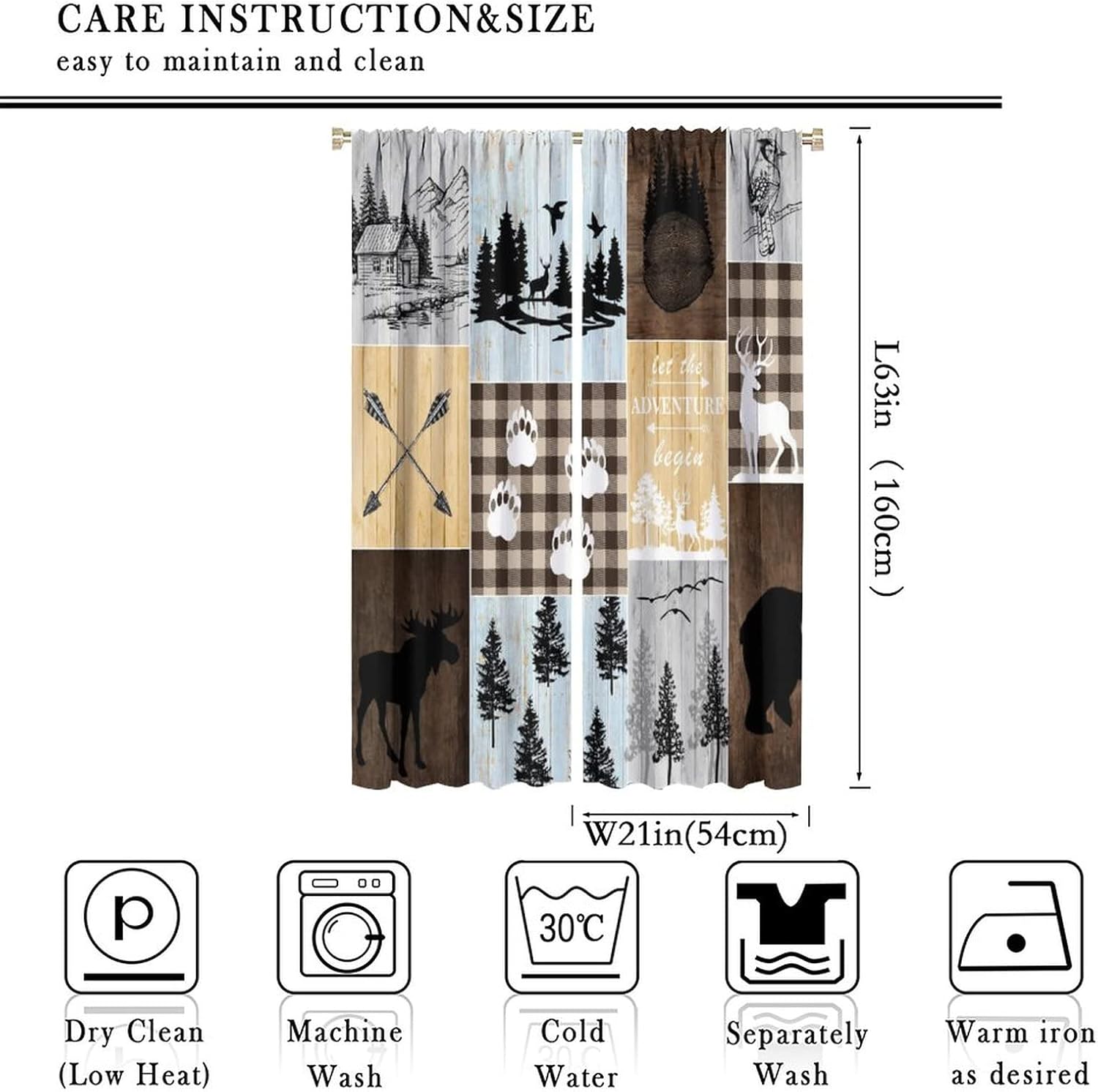 Vintage Bear Moose Curtains, Rustic Country Lodge Forest Silhouette Wood Panel Background Home Bedroom Living Room Kitchen Window Drape 42x63in, Brown-2