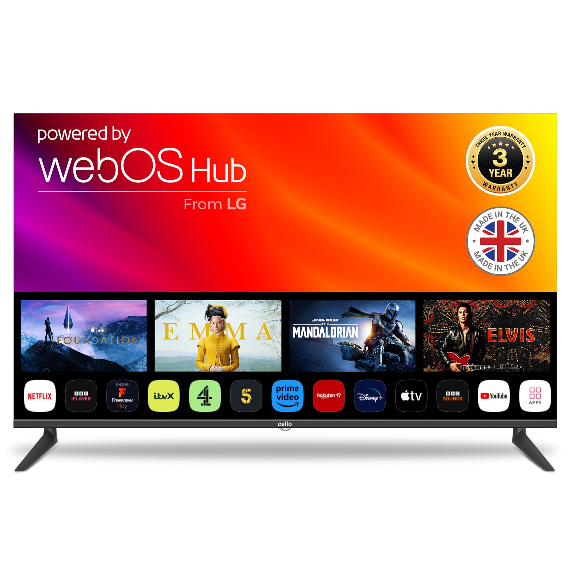 Cello 55″ 4K Ultra HD Frameless Smart Ultrafast WebOS TV, 3 Years Warranty, Freeview Play & FreeSat, Bluetooth, Netflix, Apple TV+, BBC iPlayer Frameless Bezel Made in the UK