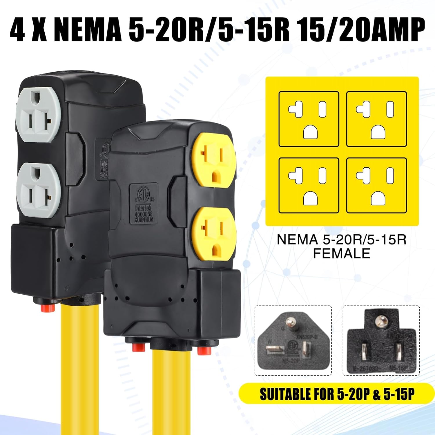 Kanayu 10FT 30 to 20 Amp 110V Generator Distribution Adapter Compatible with NEMA L14-30P to NEMA 4X 5-20R/ 5-15R, 4 Prong Generator Locking to Four Household Outlet with 20 Amp Circuit Breaker