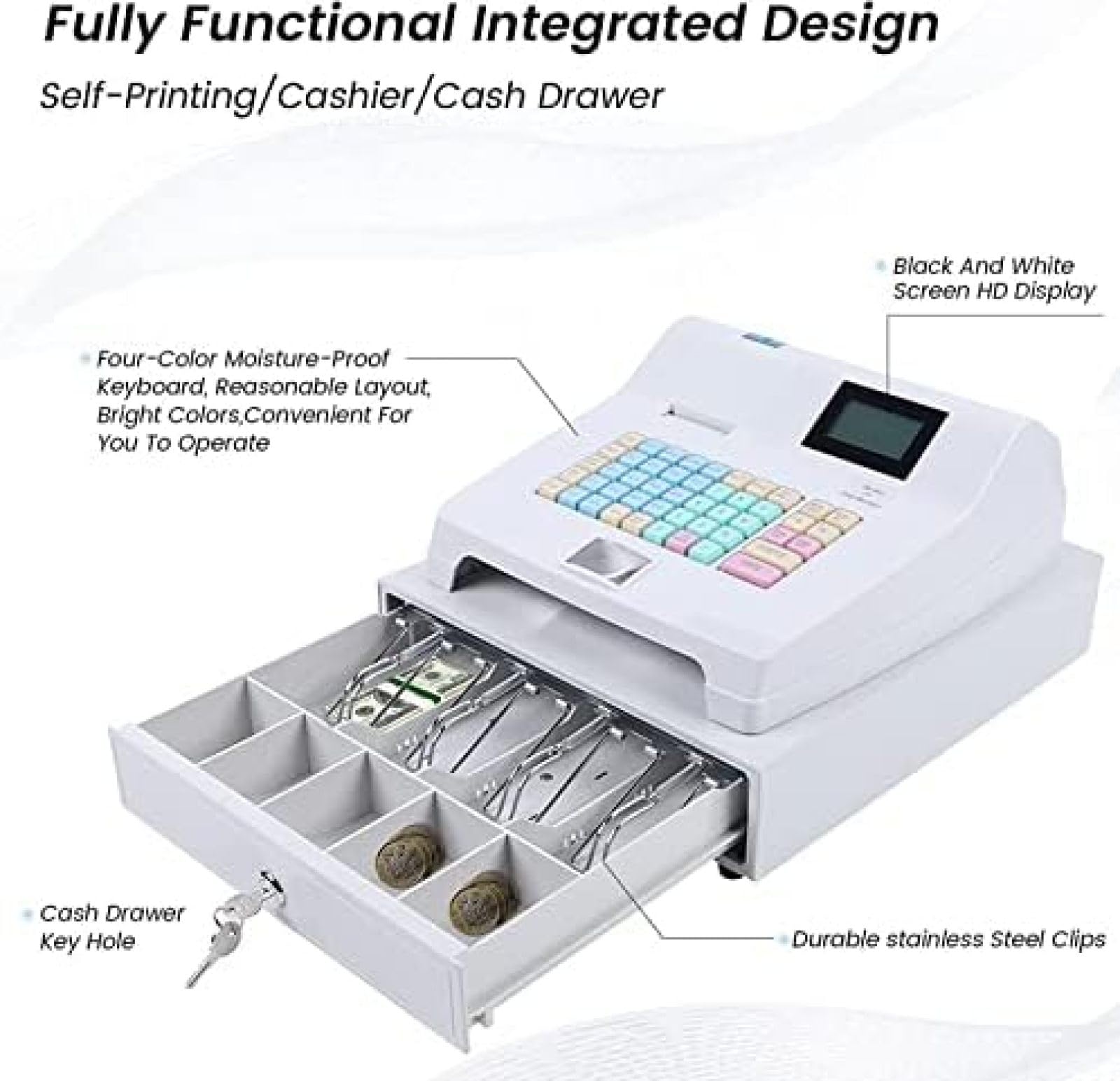 Registratore di Cassa Elettronico, Registratore di Cassa Sistema POS Elettronico con 48 Tasti, con Tastiera Piatta E Stampante Termica Registratore di Cassa Multifunzione con Cassa da 4 Banconote
