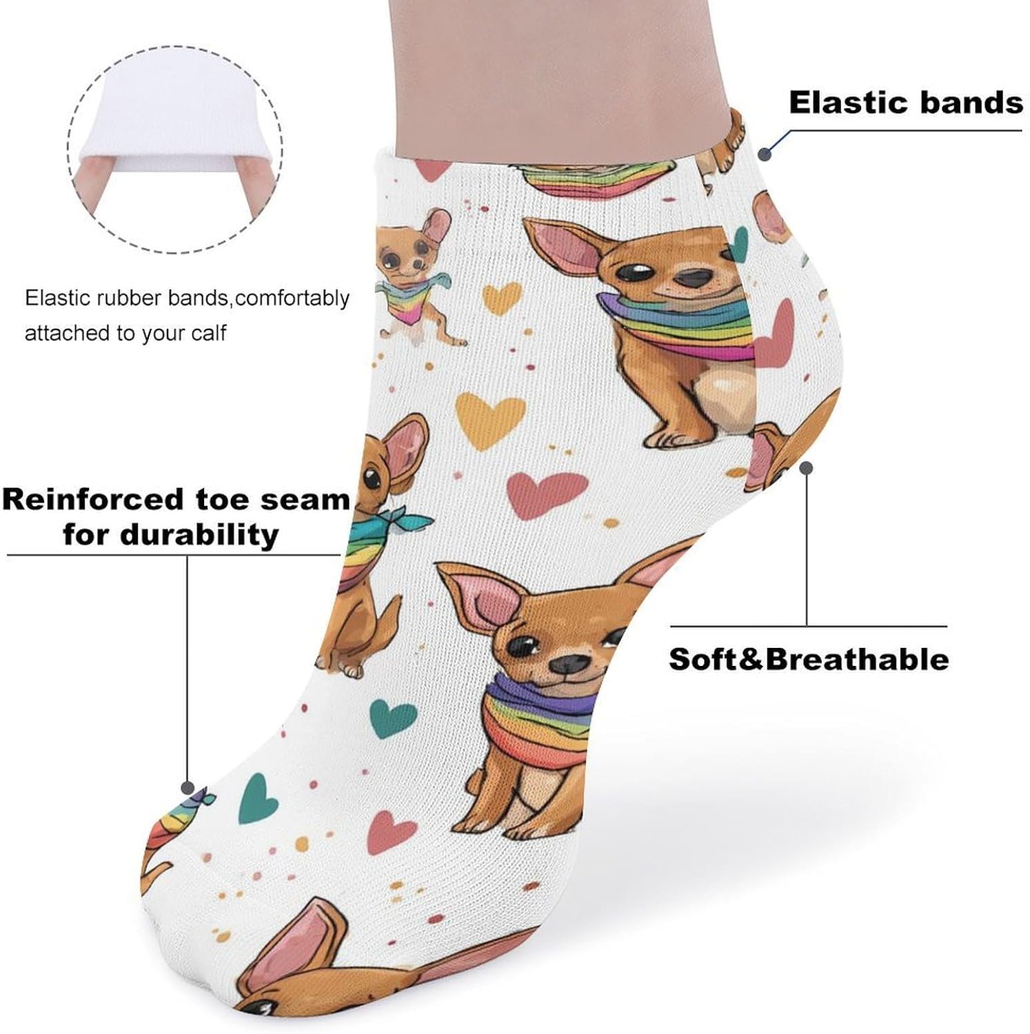 Chihuahua Dogs Rainbow Scarf No Show Ankle Socks Low Cut Non Slip Flat Boat Line 5 Pairs Set