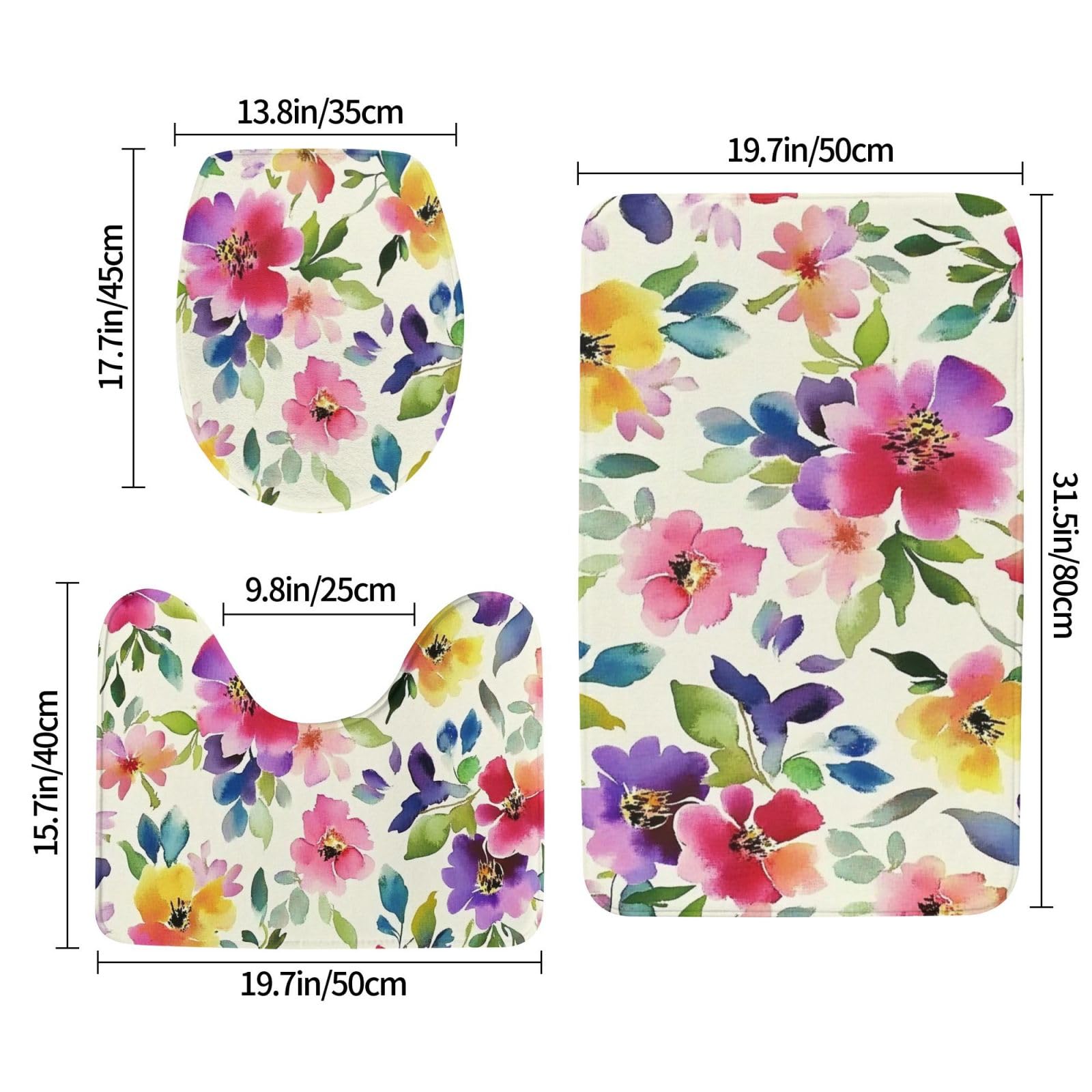 Lot de 3 petits tapis de salle de bain à motif floral, doux et absorbants, en mousse à mémoire de forme, tapis de toilette en forme de U, décoration d'intérieur, séchage rapide