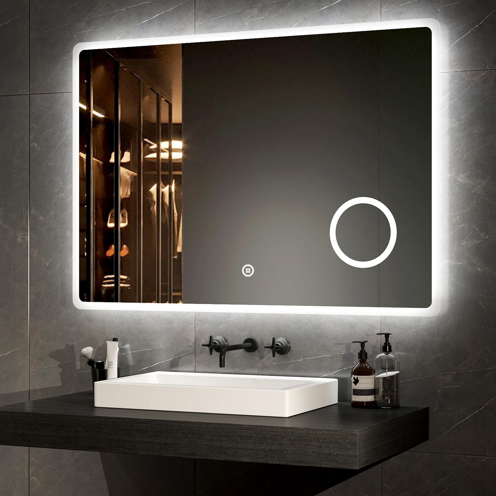 Emke 3X Magnifier + Shaver Socket + Demister Pad Led Bathroom Mirror With Shaver Socket 1000X700mm, Bathroom Mirror With Led Lights, Backlit Wall Mounted Smart Mirrors With 3X Magnifier, Touch Sensor, Horizontal, Ip44