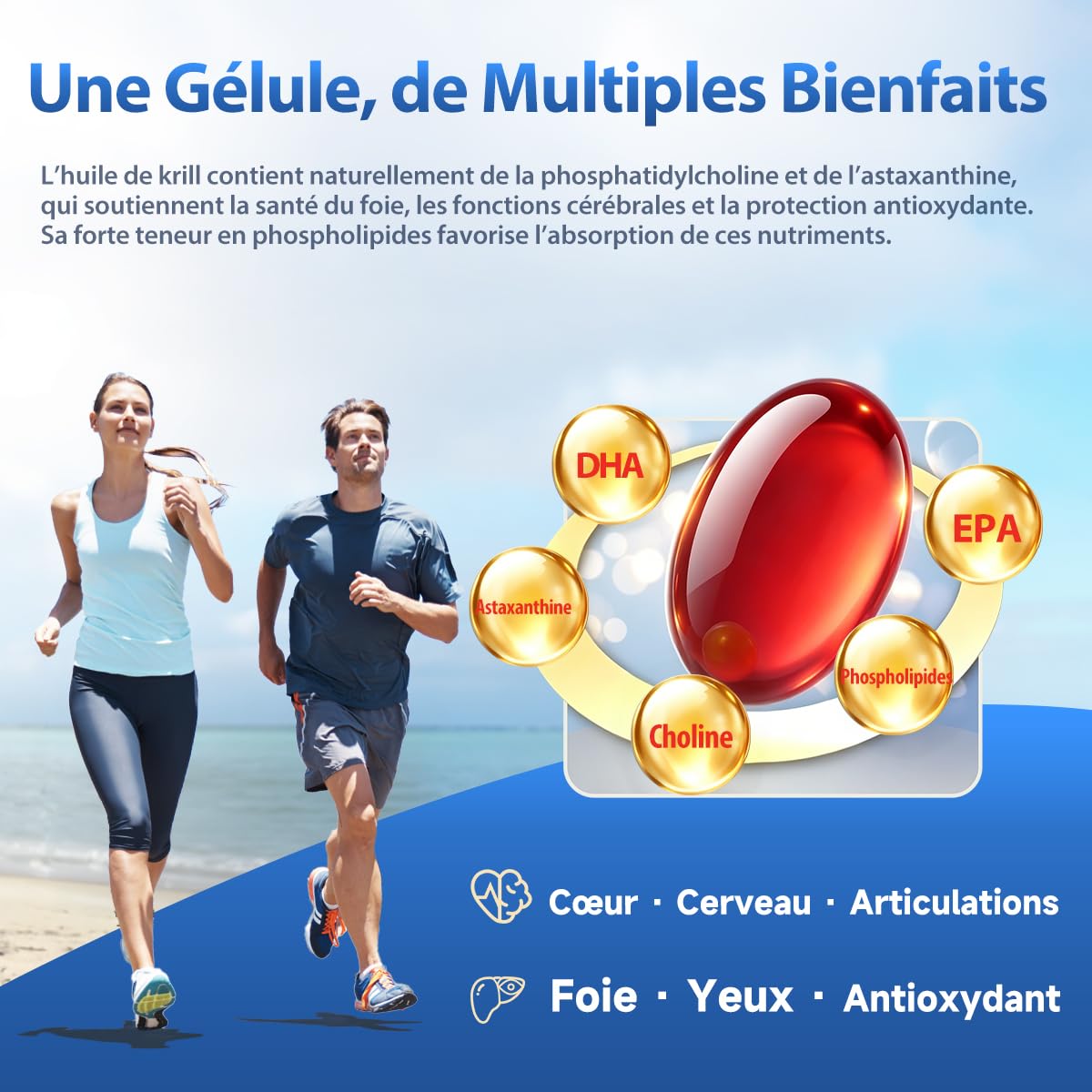NYO3 Huile de Krill Pure d'Antarctique 1000mg Oméga-3, 56% de Phospholipides pour une Absorption Optimale des Nutriments, Complexe Choline et Astaxanthine pour le Cœur et le Cerveau, 90 Gélules