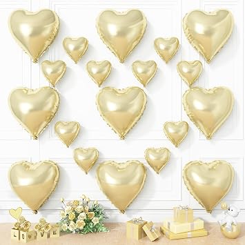 Champagne Gold Heart Balloons, 19PCS Light Gold Heart Shape Balloons, 18Inch with 10Inch Foil Balloon Mylar Balloon for Birthday Marriage Wedding Bridal Party Anniversary Decoration