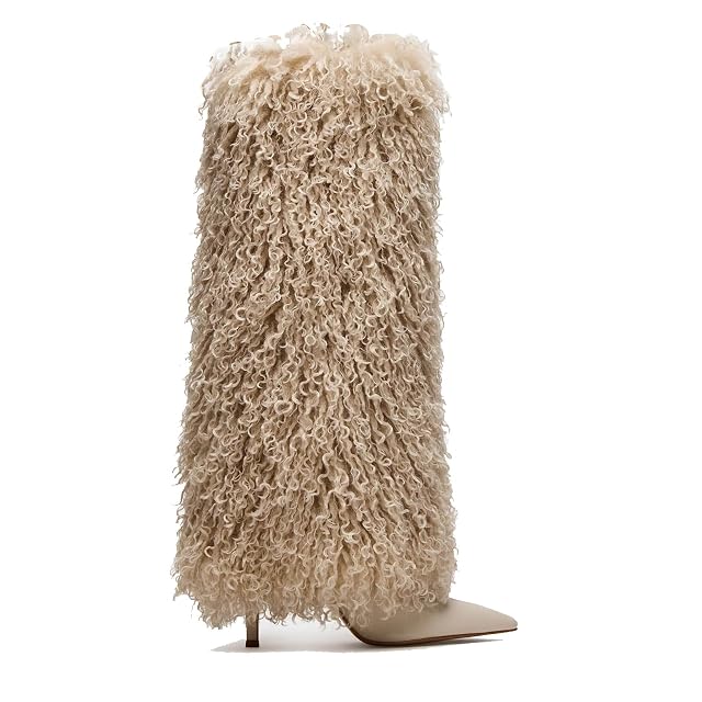 Fur Boots for Women Knee High Pointed Toe Heeled Boot Fashion Casual Shoes