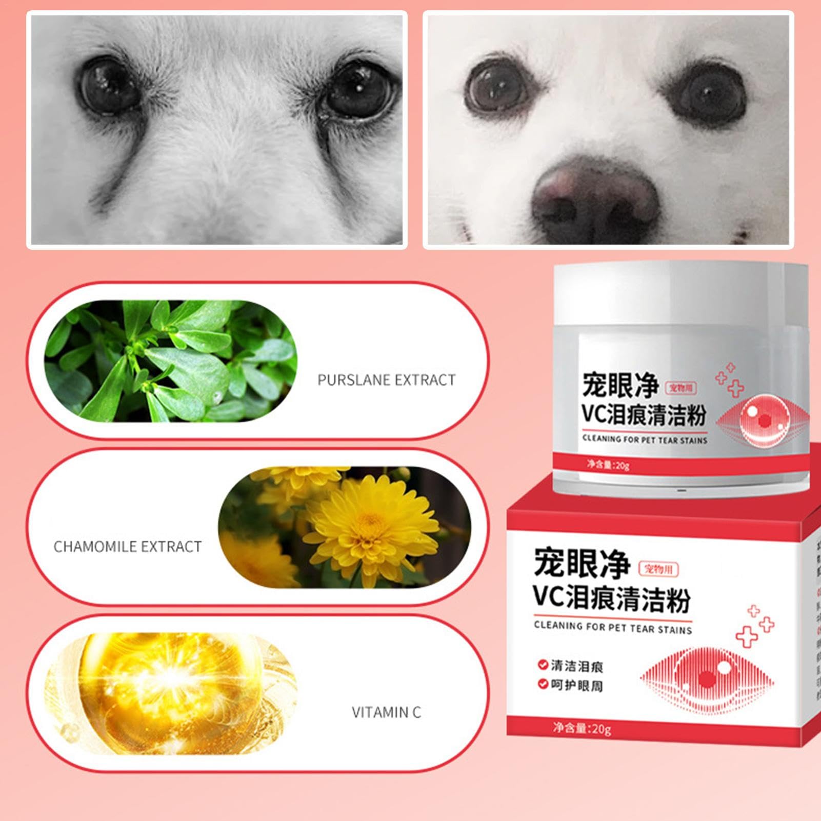 Détachant larme de chat 20 g pour chiens et chats - Poudre avec brosse - Rince-yeux pour animaux de compagnie - Naturel, sûr, absorbe les larmes