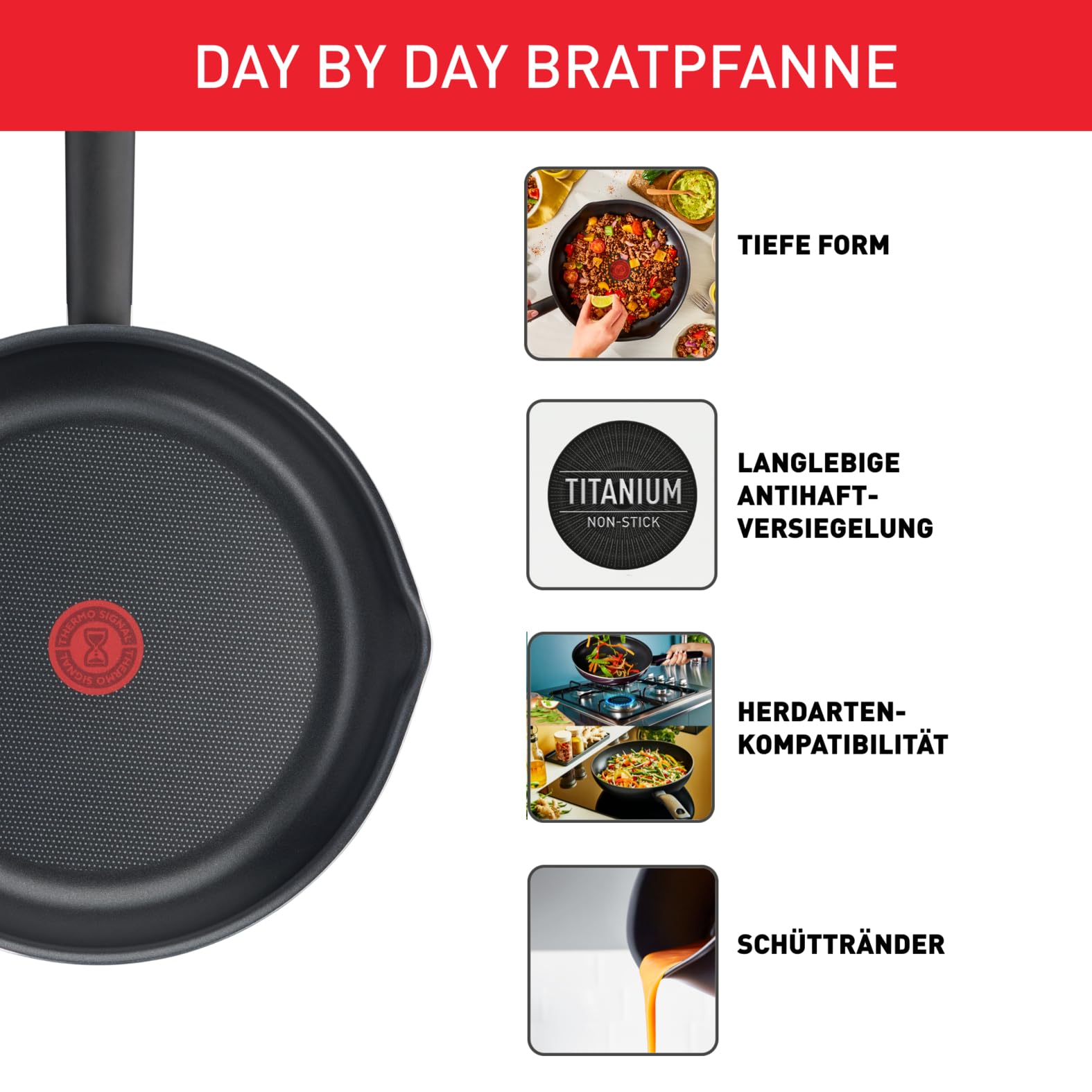 Tefal Day By Day On 3-teiliges Pfannenset 20/24/28 cm, Antihaftbeschichtung, Thermo-Signal bei guter Brattemperatur, NICHT induktionsgeeignet, tiefe Form mit Ausgießer, Aluminium, B56490